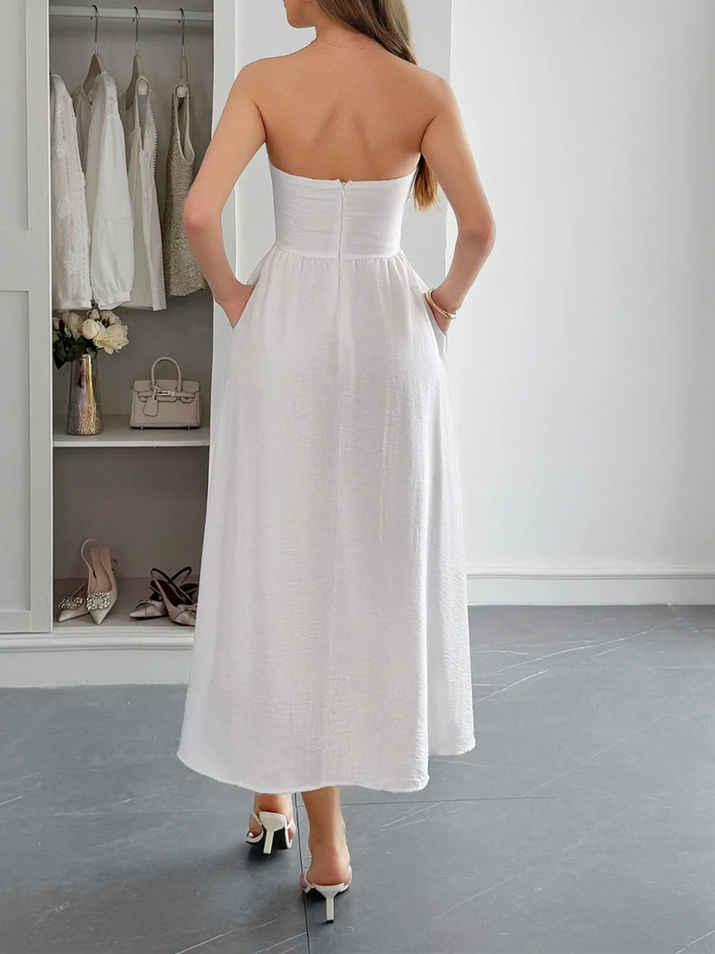 Strapless A-Line Midi Dress with Pockets - Lilixa.store