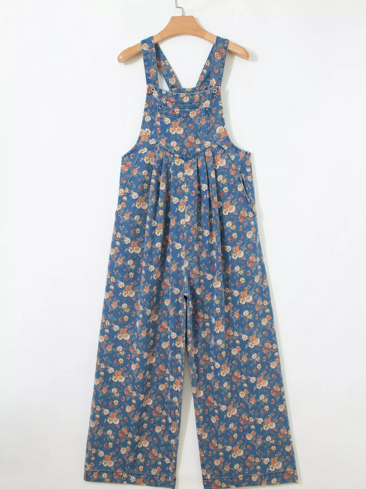 Floral Print Wide Leg Denim Overalls in Light Blue, view 6