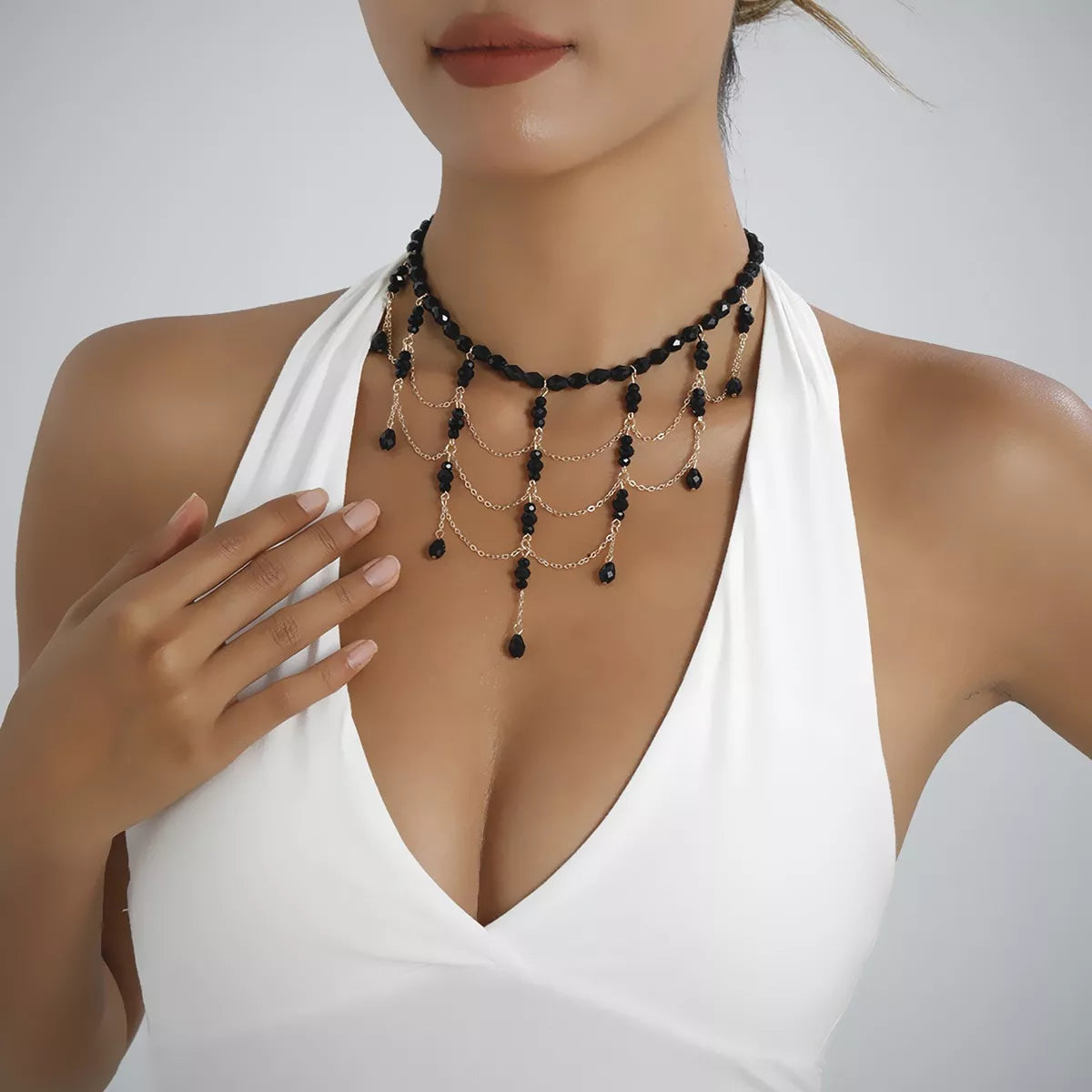 Beaded Choker Necklace with Draping Chains - Lilixa.store