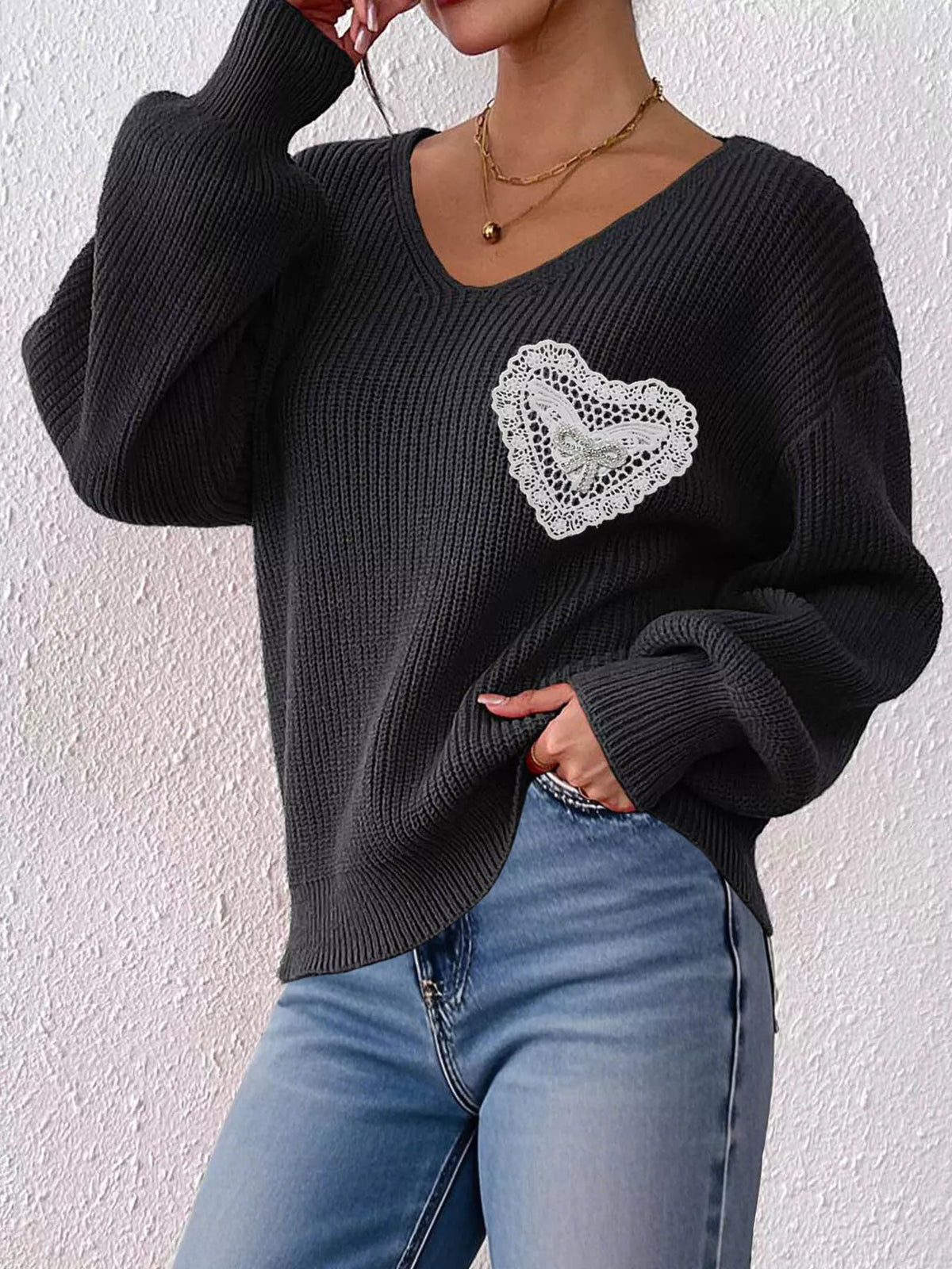 Lace Heart Dropped Shoulder Sweater