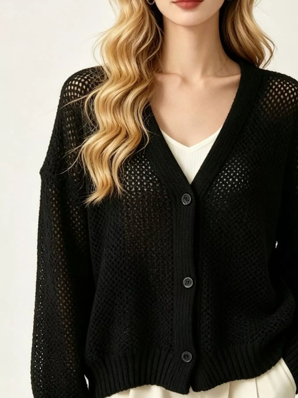 V-Neck Open-Knit Button-Down Cardigan - Lilixa.store