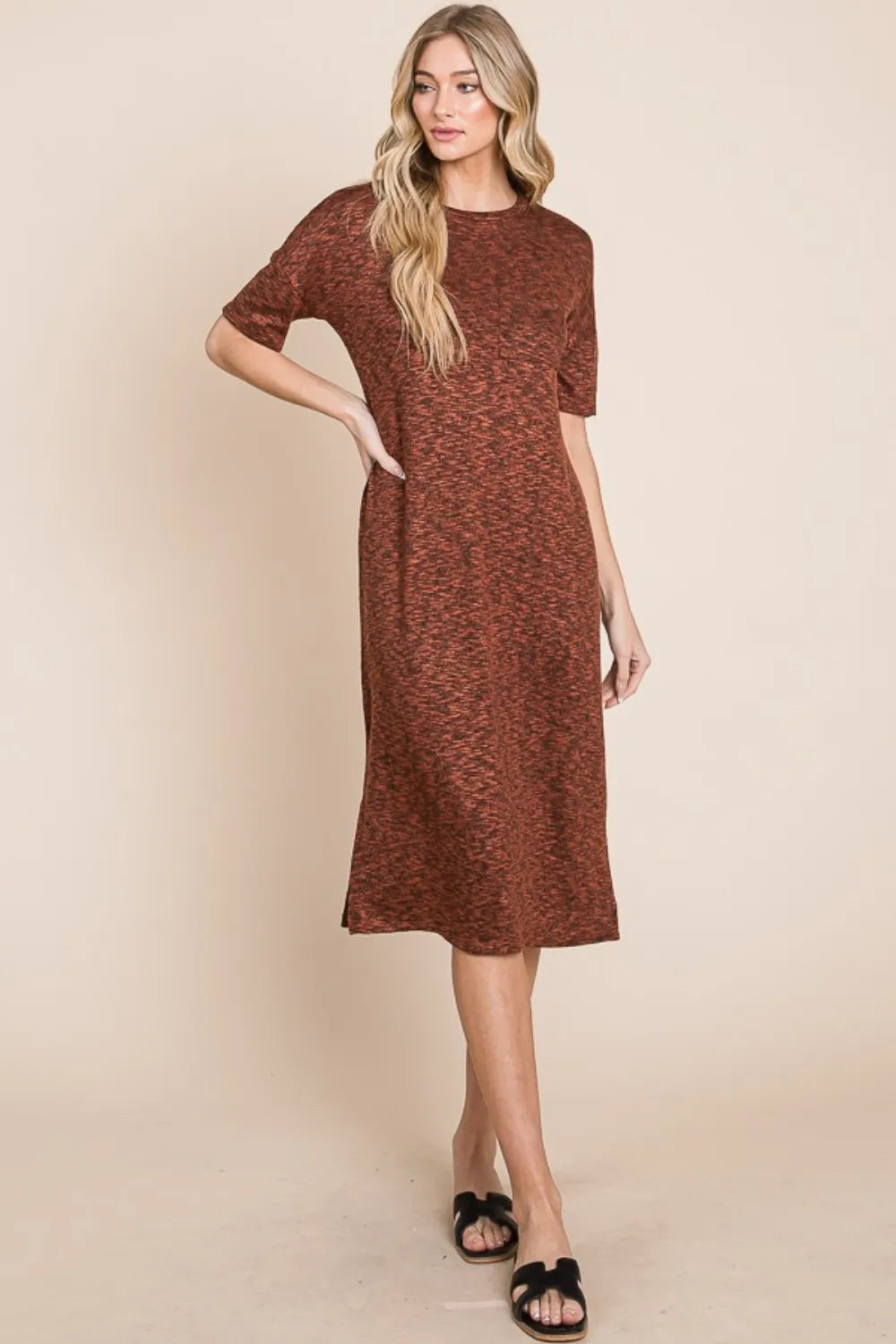 BOMBOM Round Neck Side Slit Midi Dress - Lilixa.store