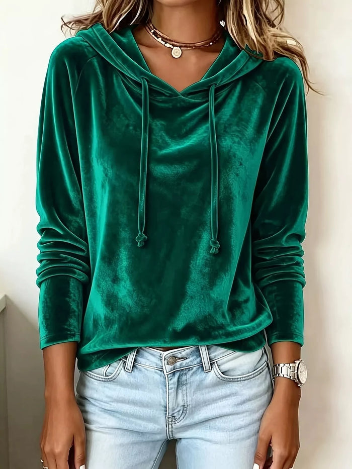 Full Size Velvet Drawstring Long Sleeve Hoodie Plus Size in Green