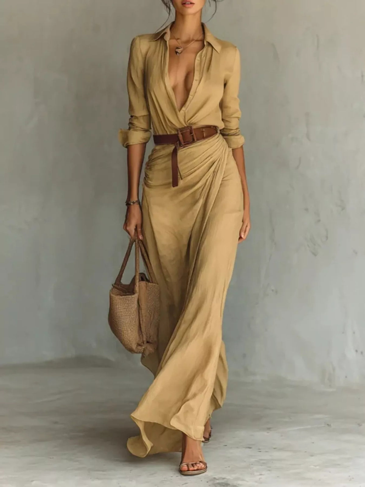 Button Front Long-Sleeve Shirt Maxi Dress - Lilixa.store