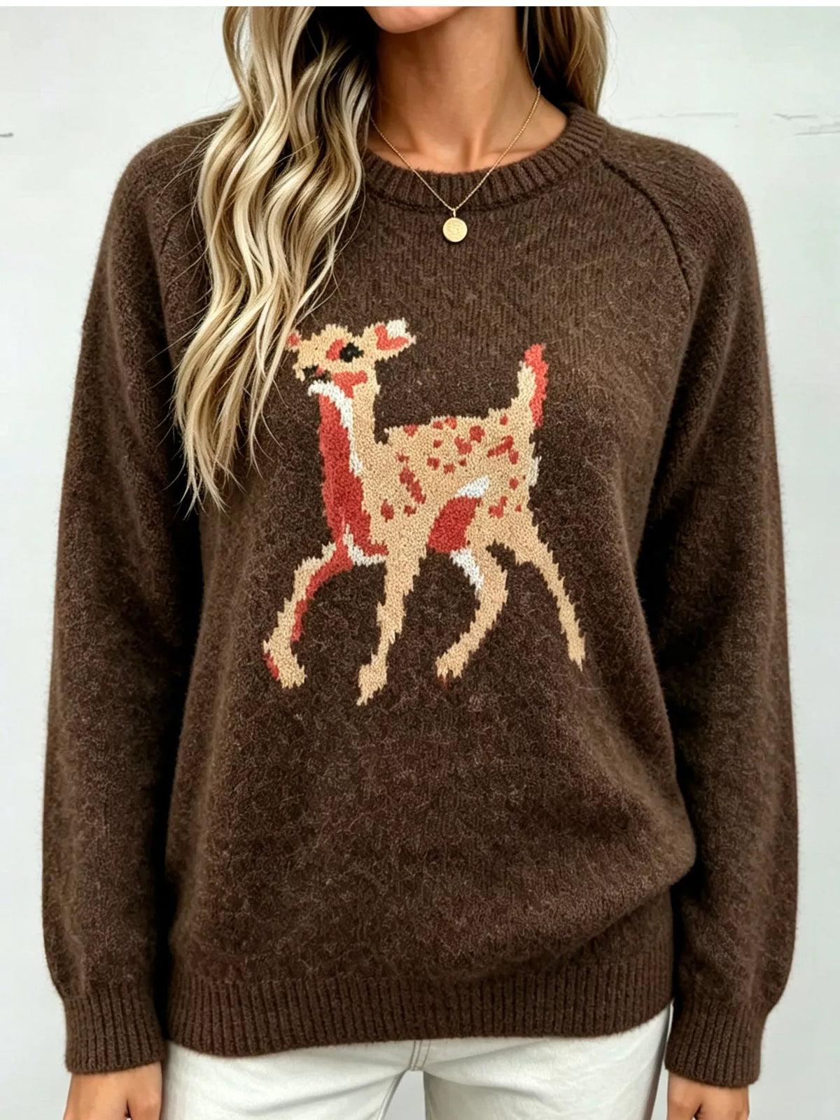 Deer Pattern Raglan Sleeve Sweater - Lilixa.store