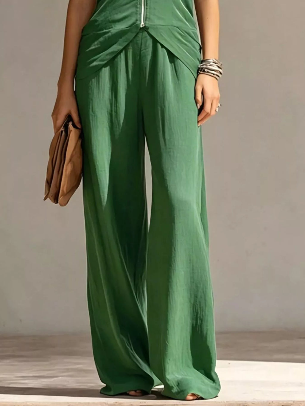 Full Size Zipper Front Tank and Wide-Leg Pants Set Plus Size - Lilixa.store
