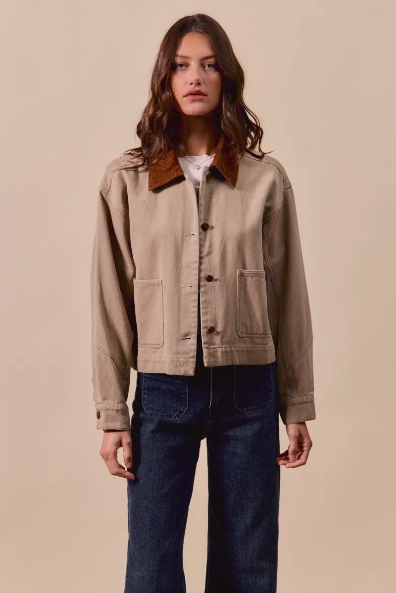 SO ME Cotton Twill Cropped Barn Jacket wtih Collar in Taupe, view 13