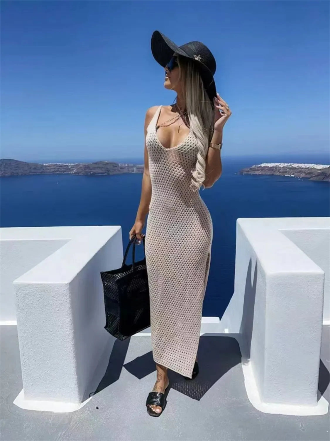 Openwork Slit Sweater Maxi Dress, view 7