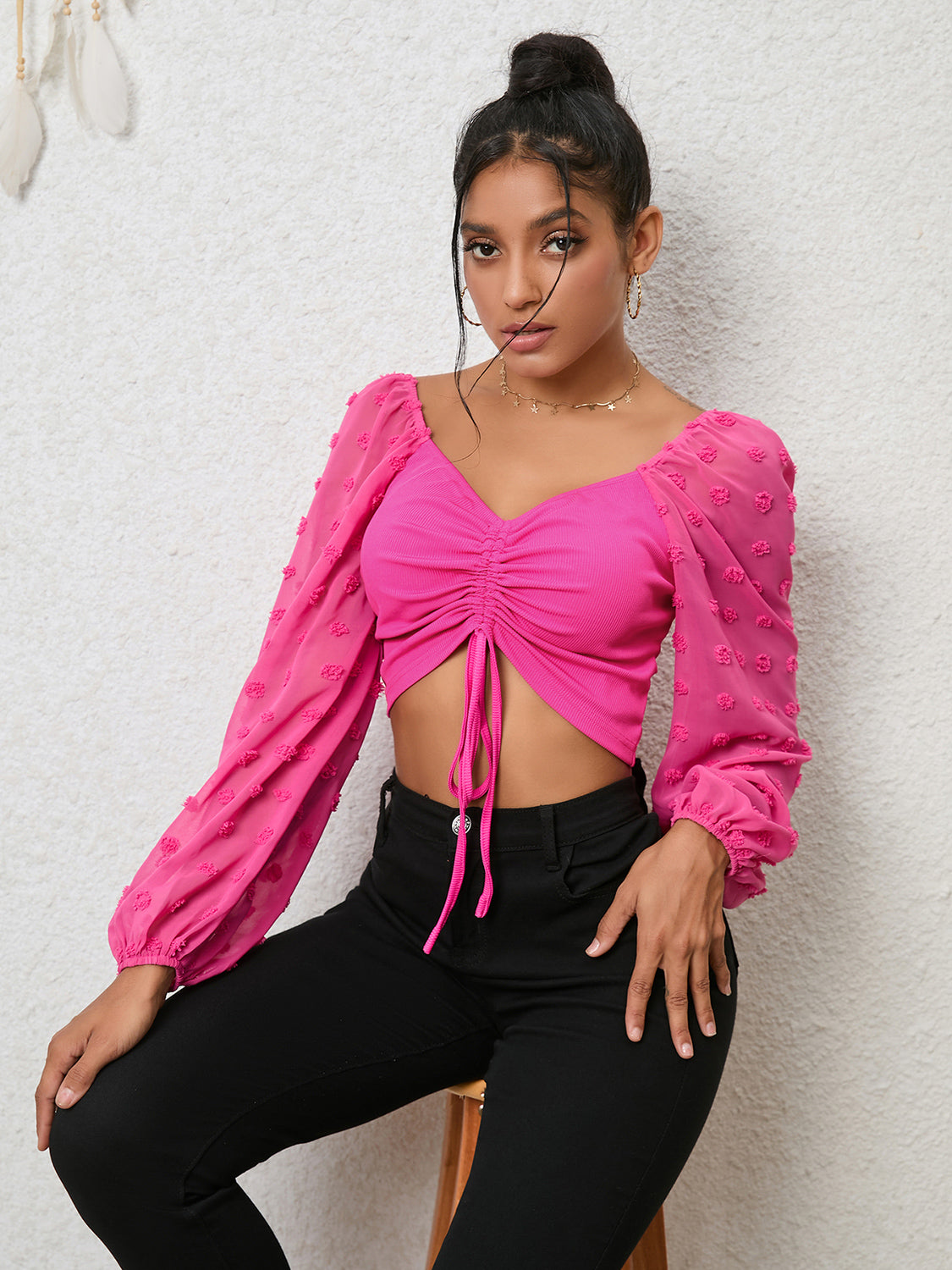 Swiss Dot Drawstring Cropped Blouse in Hot Pink