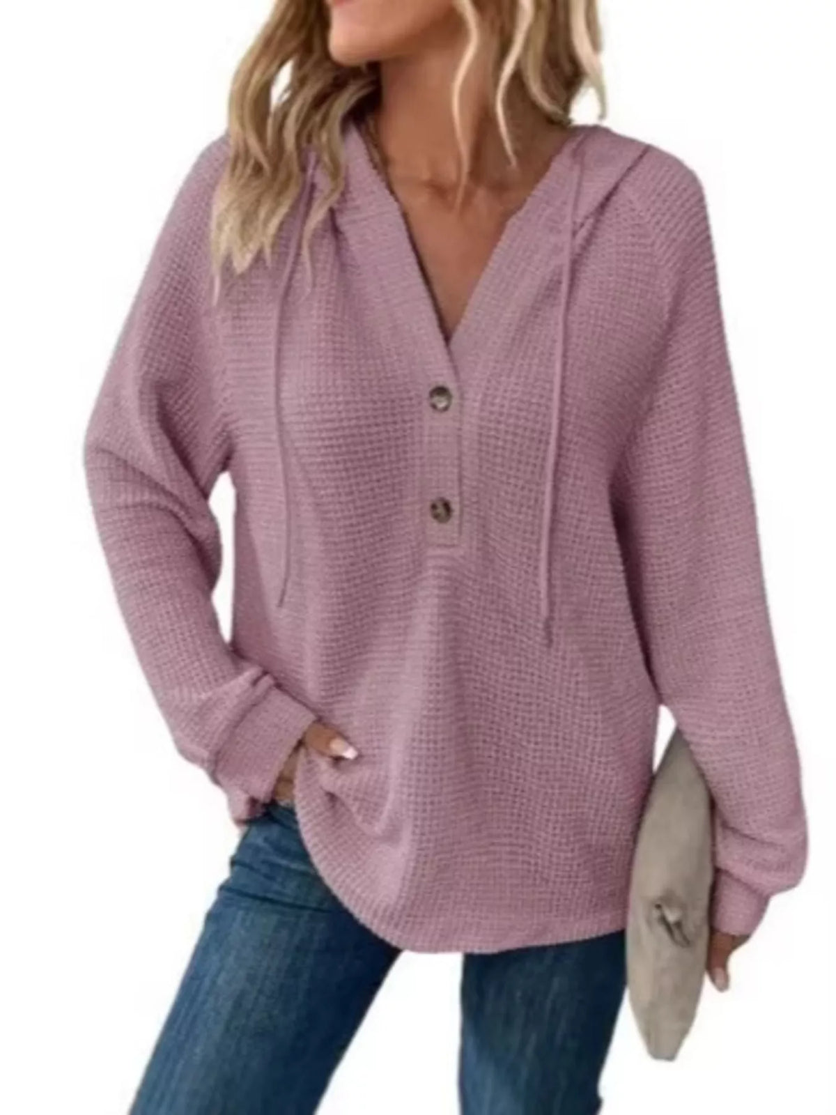 Full Size Waffle Knit Half-Button Hoodie Plus Size - Lilixa.store