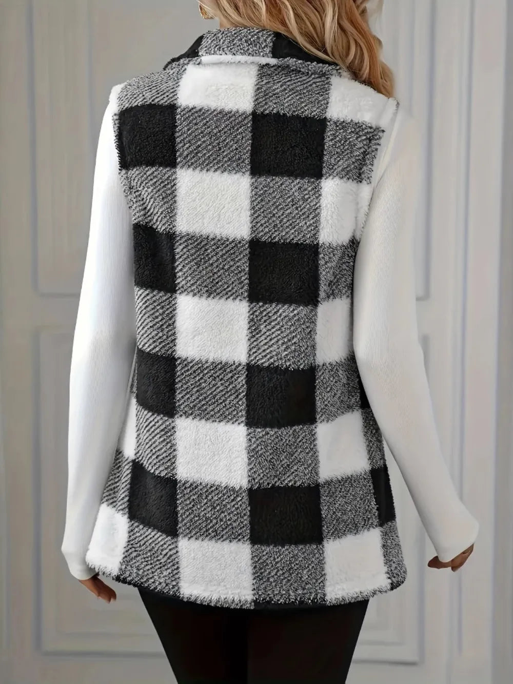 Plaid Button Up Vest Coat in Black, view 3