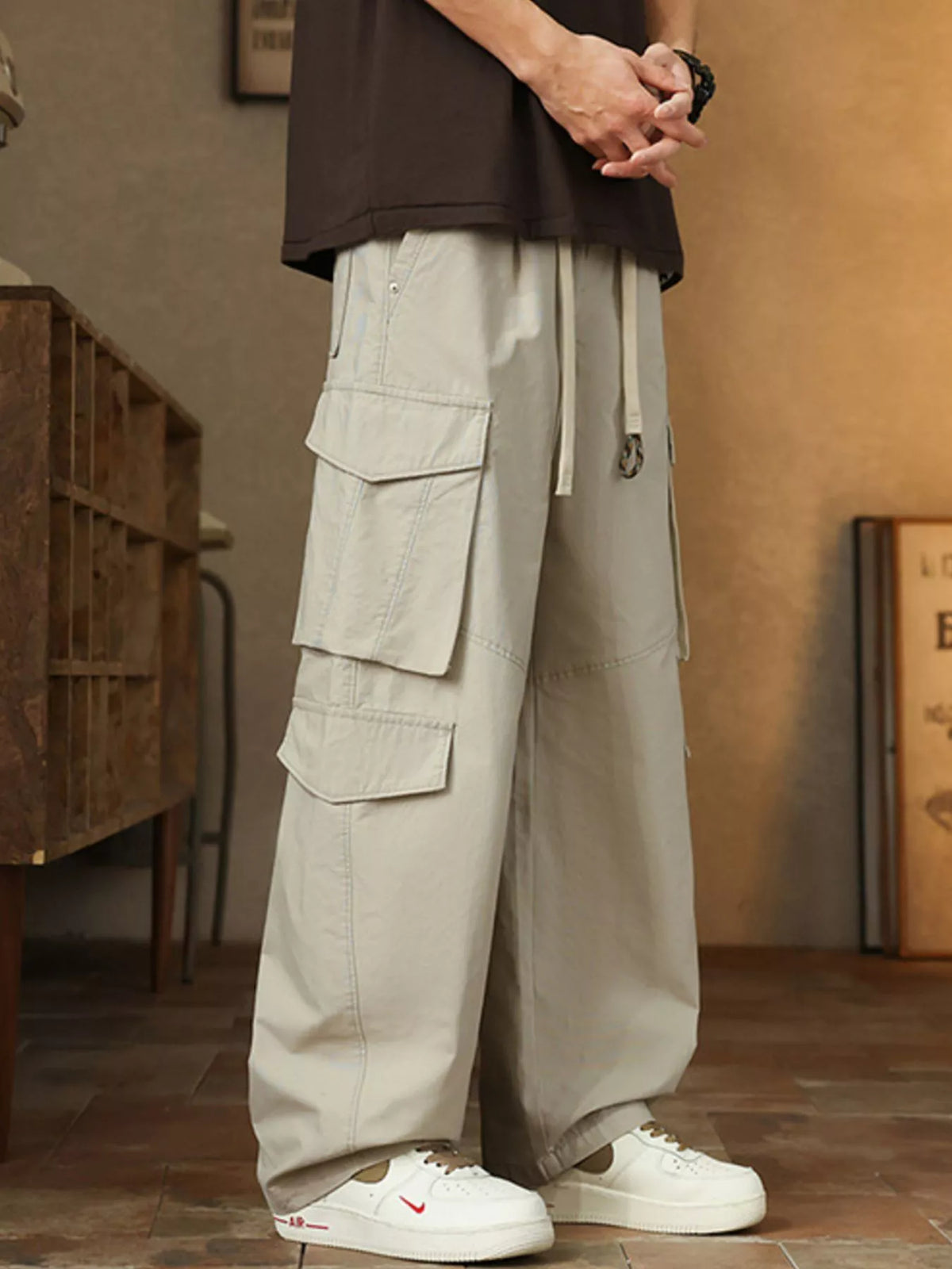 Men's Plus Size Loose Fit Cargo Pants with Drawstring