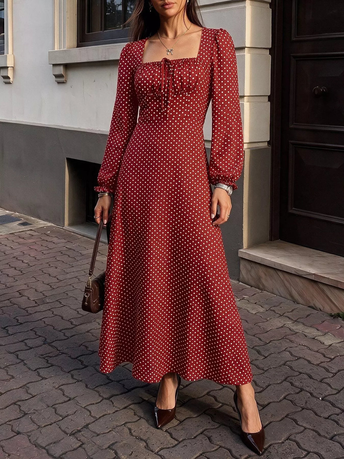 Square Neck Polka Dot Long Sleeve Maxi Dress - Lilixa.store