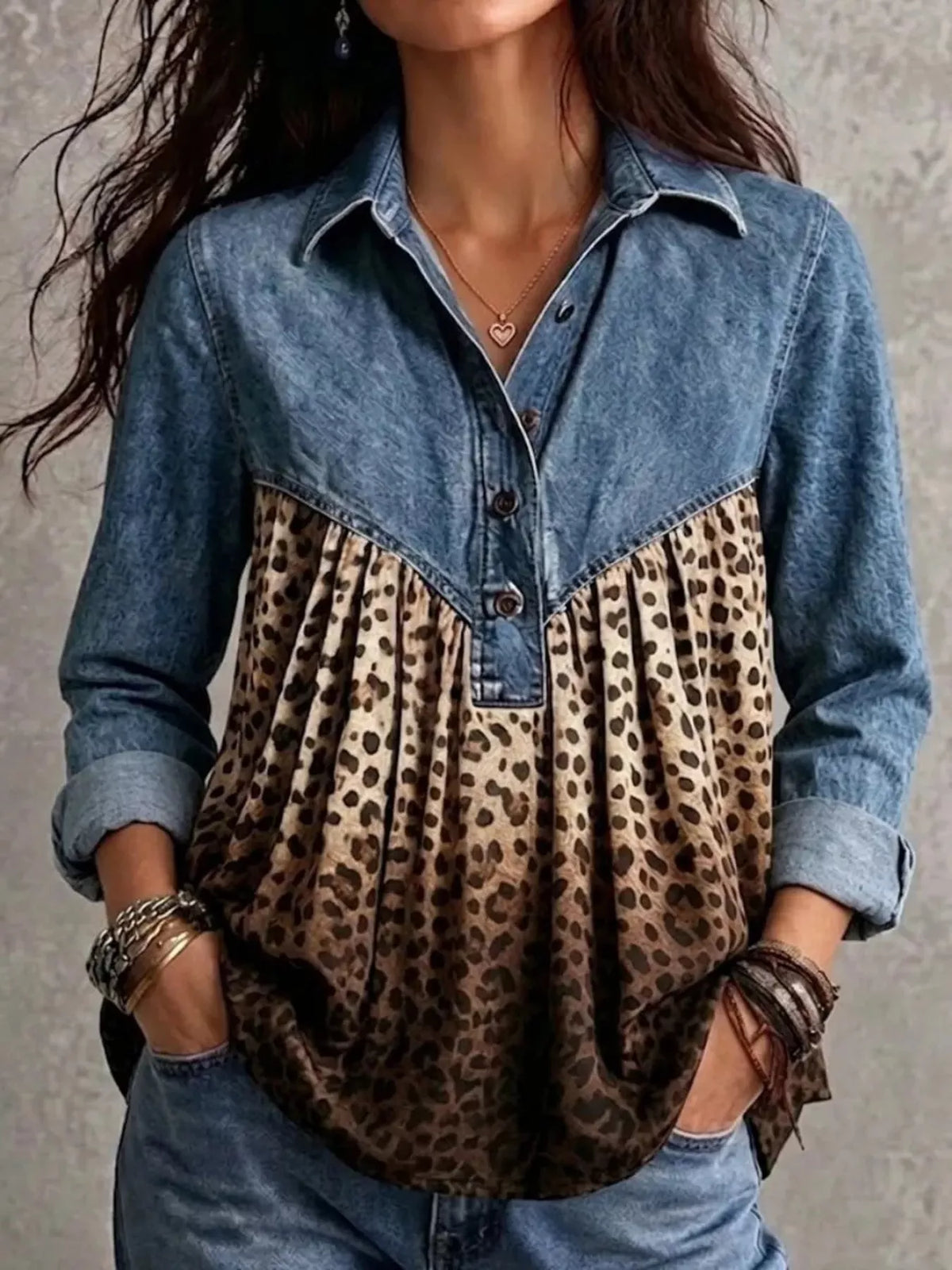 Full Size Leopard Button Detail Blouse Plus Size - Lilixa.store