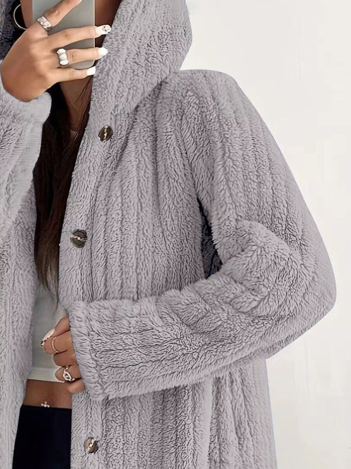 Full Size Fleece Button Up Hooded Outerwear Plus Size, view 18