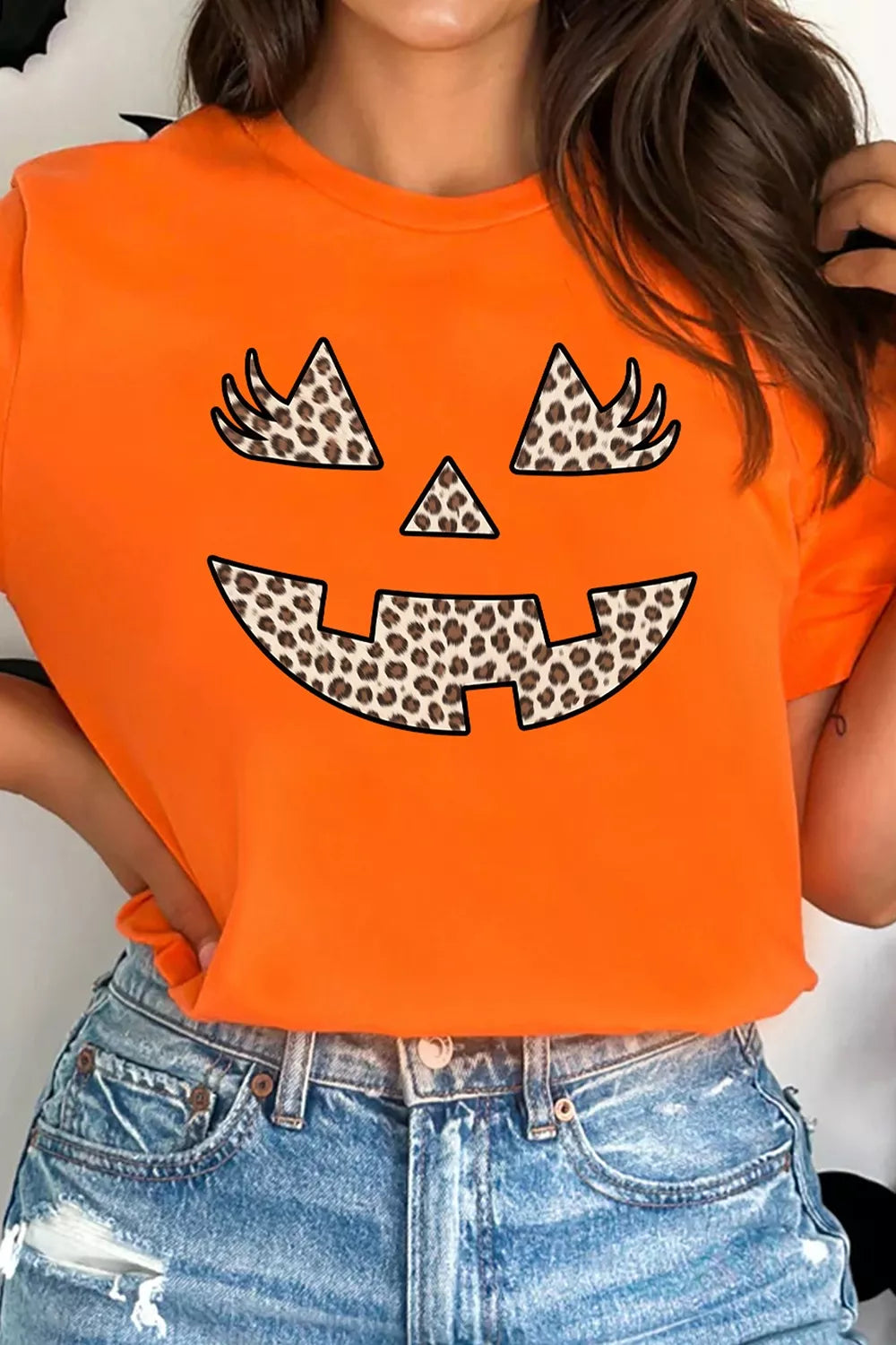 Halloween Pumpkin Face Leopard Graphic T-Shirt