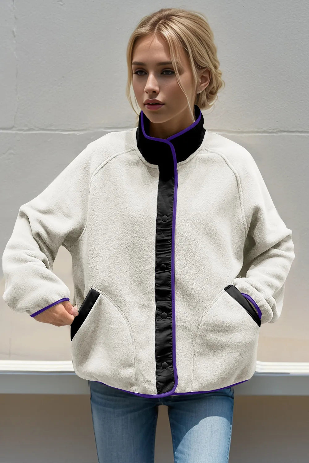 Snap Down Contrast Fleece Jacket with Pockets - Lilixa.store