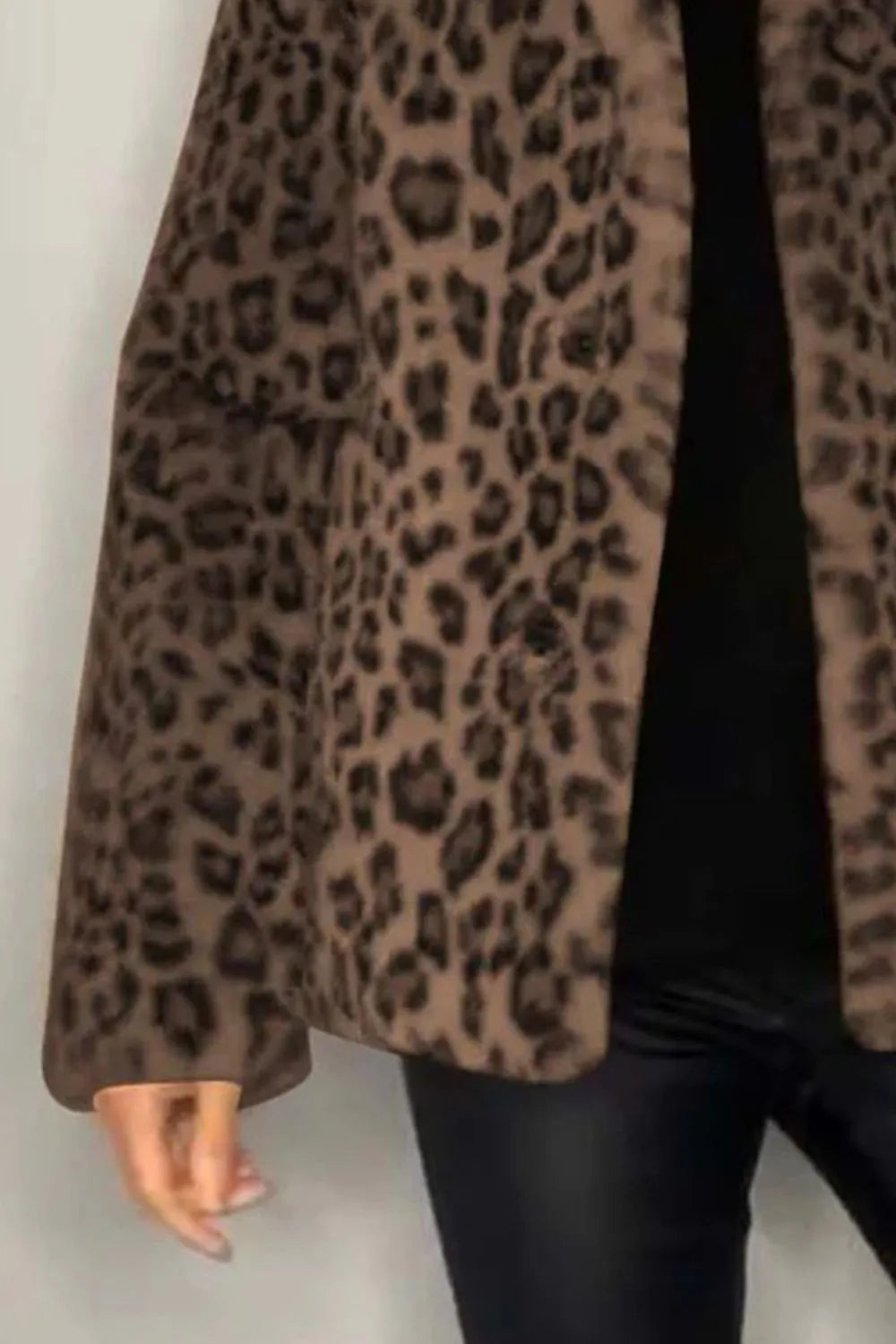 Full Size Leopard Furry Collared Neck Long Sleeve Coat, view 11