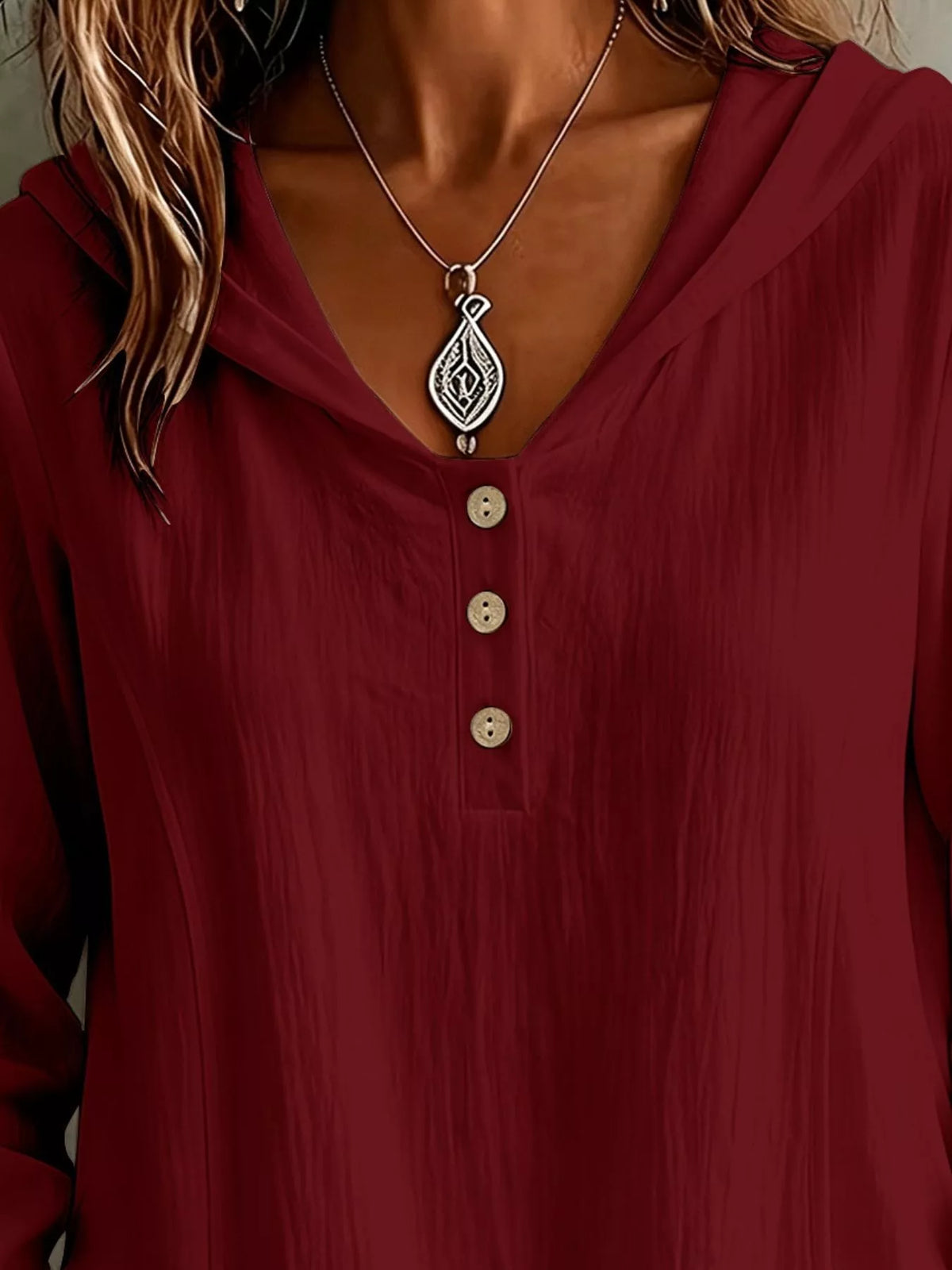 Button Detail Long Sleeve Hooded Blouse, view 8