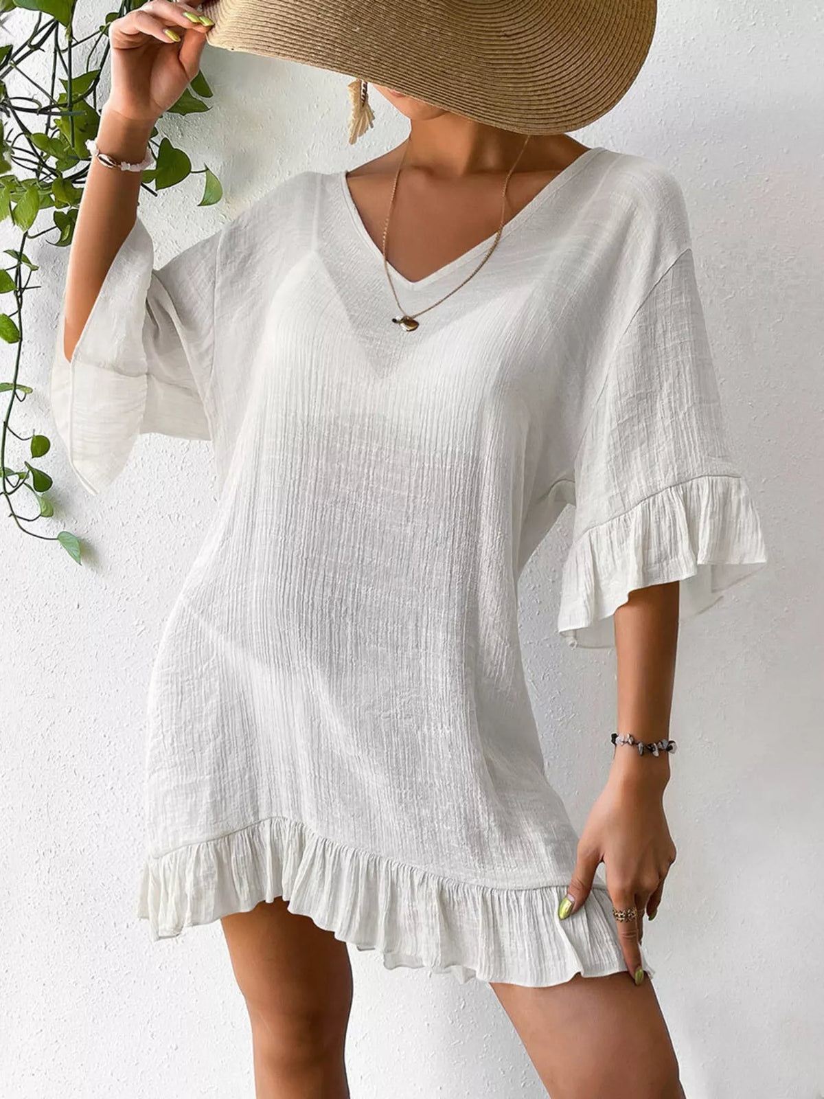 Ruffle Trim Butterfly Back V-Neck Cover-Up Dress - Lilixa.store