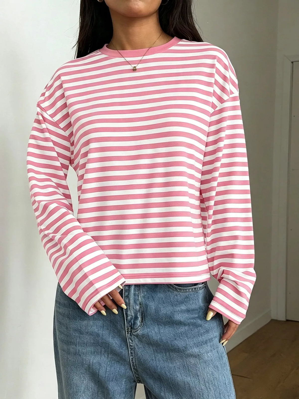 Full Size Casual Long-Sleeve Striped Crew Neck T-Shirt Plus Size in Pink