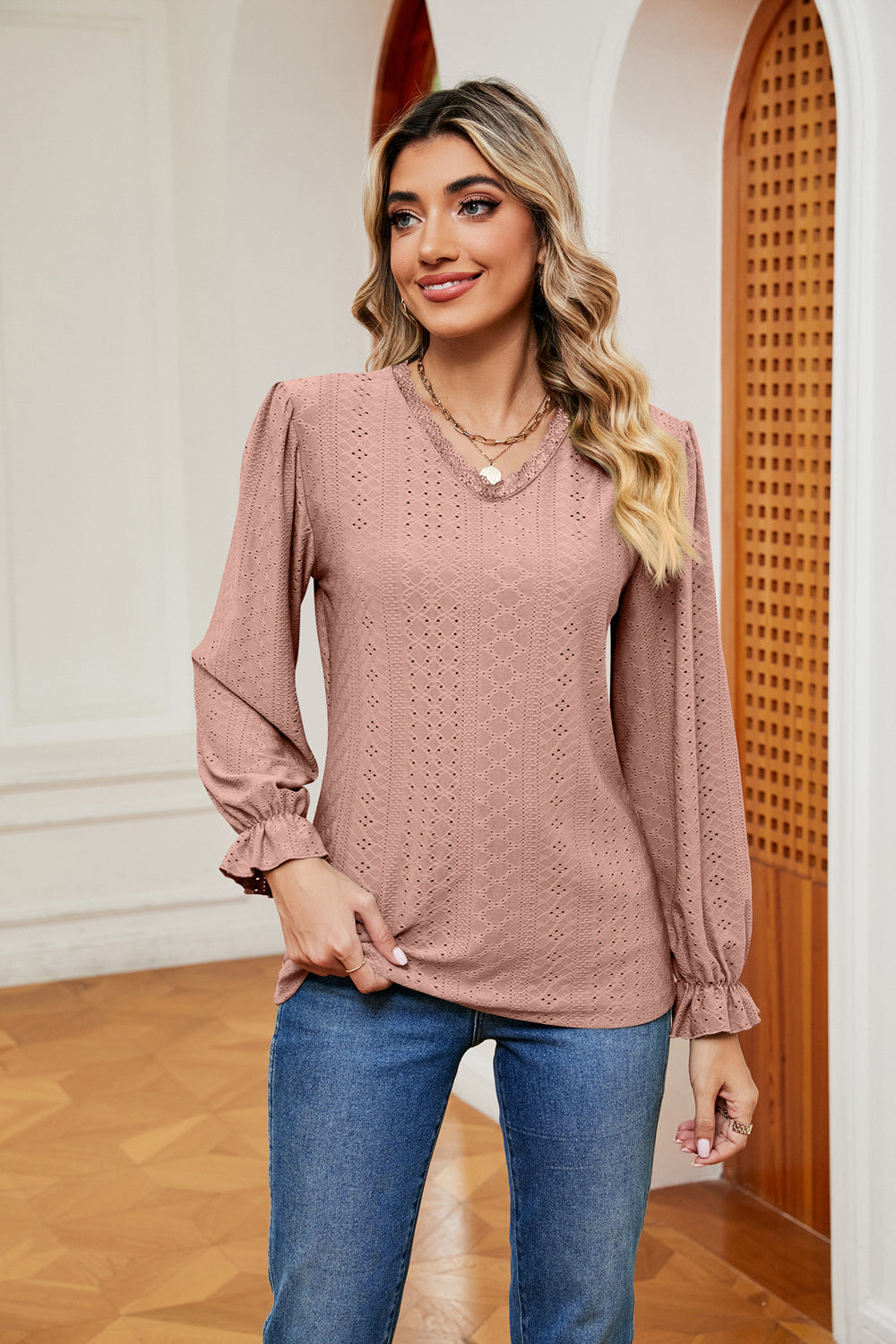 V-Neck Flounce Sleeve Blouse - Lilixa.store