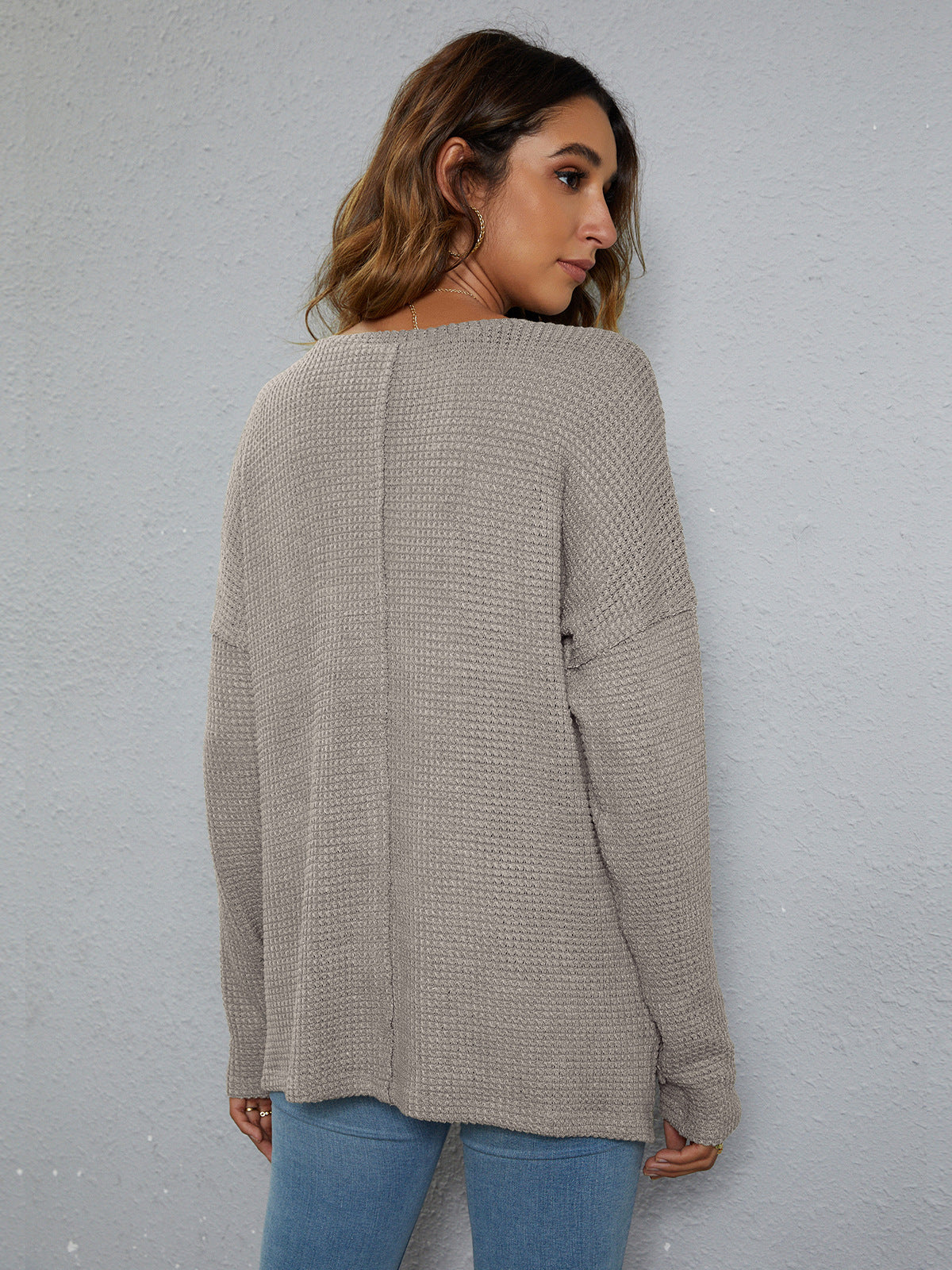 Dropped Shoulder High-Low Waffle-Knit Top, view 9