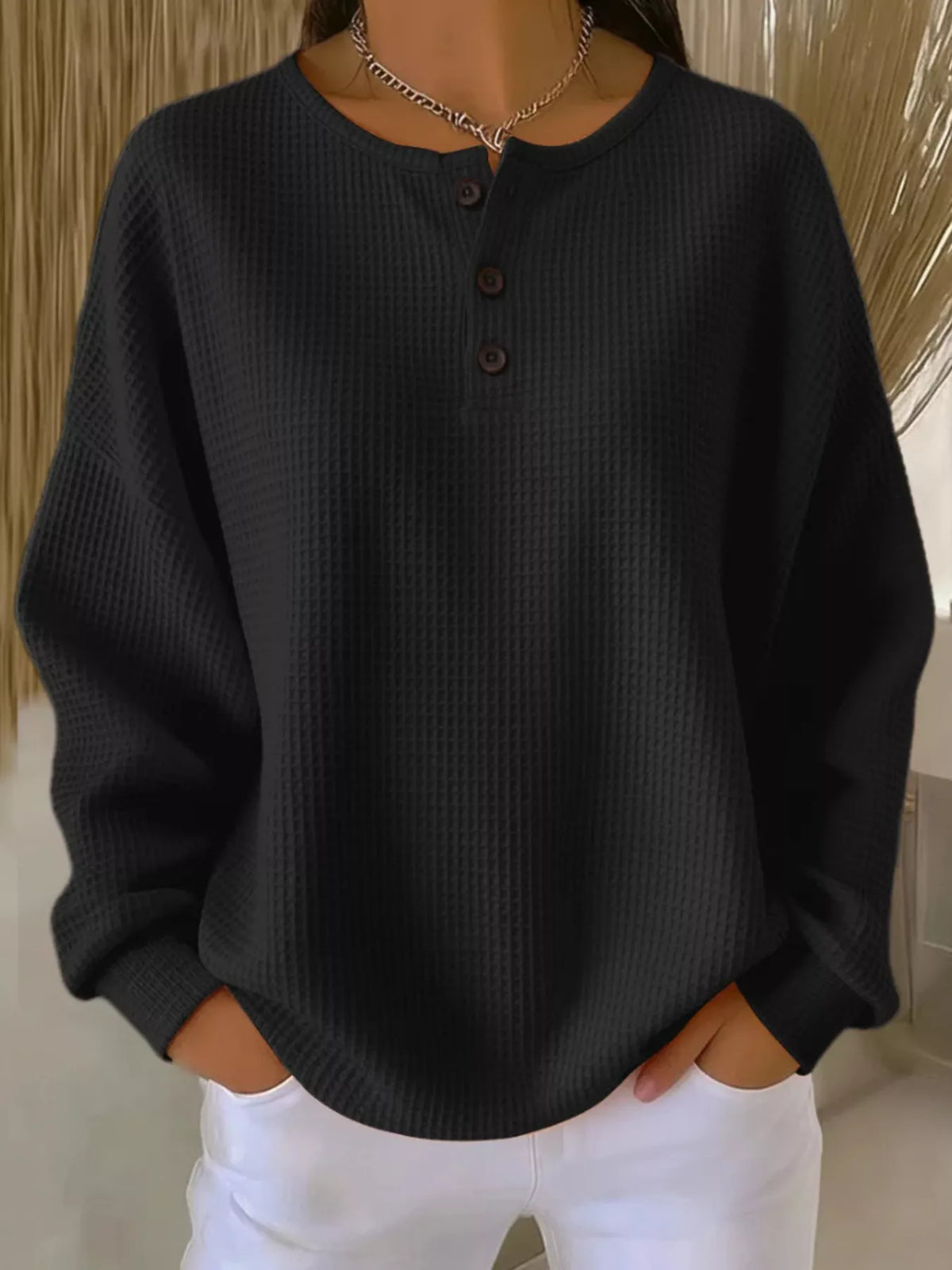 Full Size Waffle Knit Button Detail Top Plus Size - Lilixa.store
