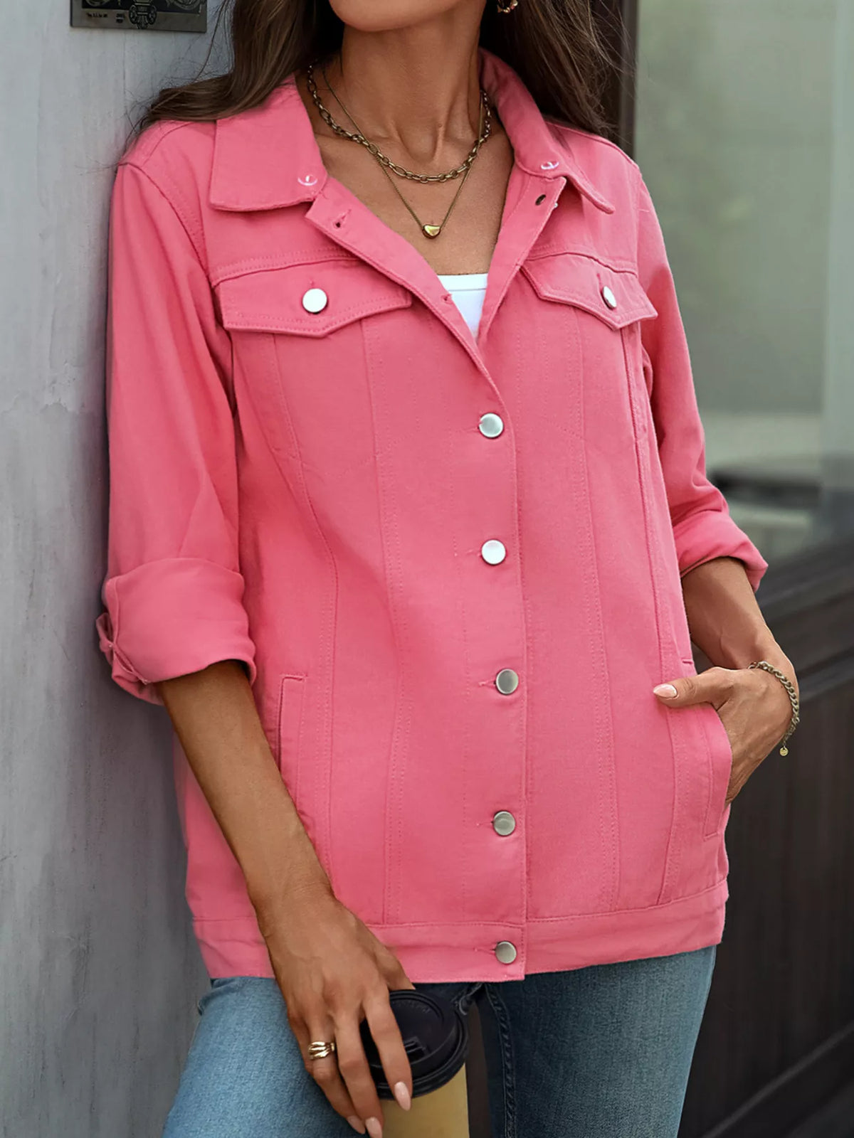 Button Up Long Sleeve Denim Jacket, view 4