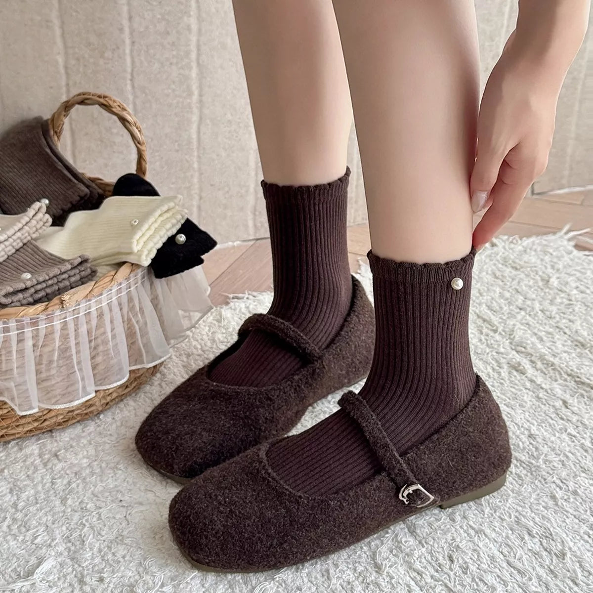 Vintage Ribbed Crew Socks in Dark Brown