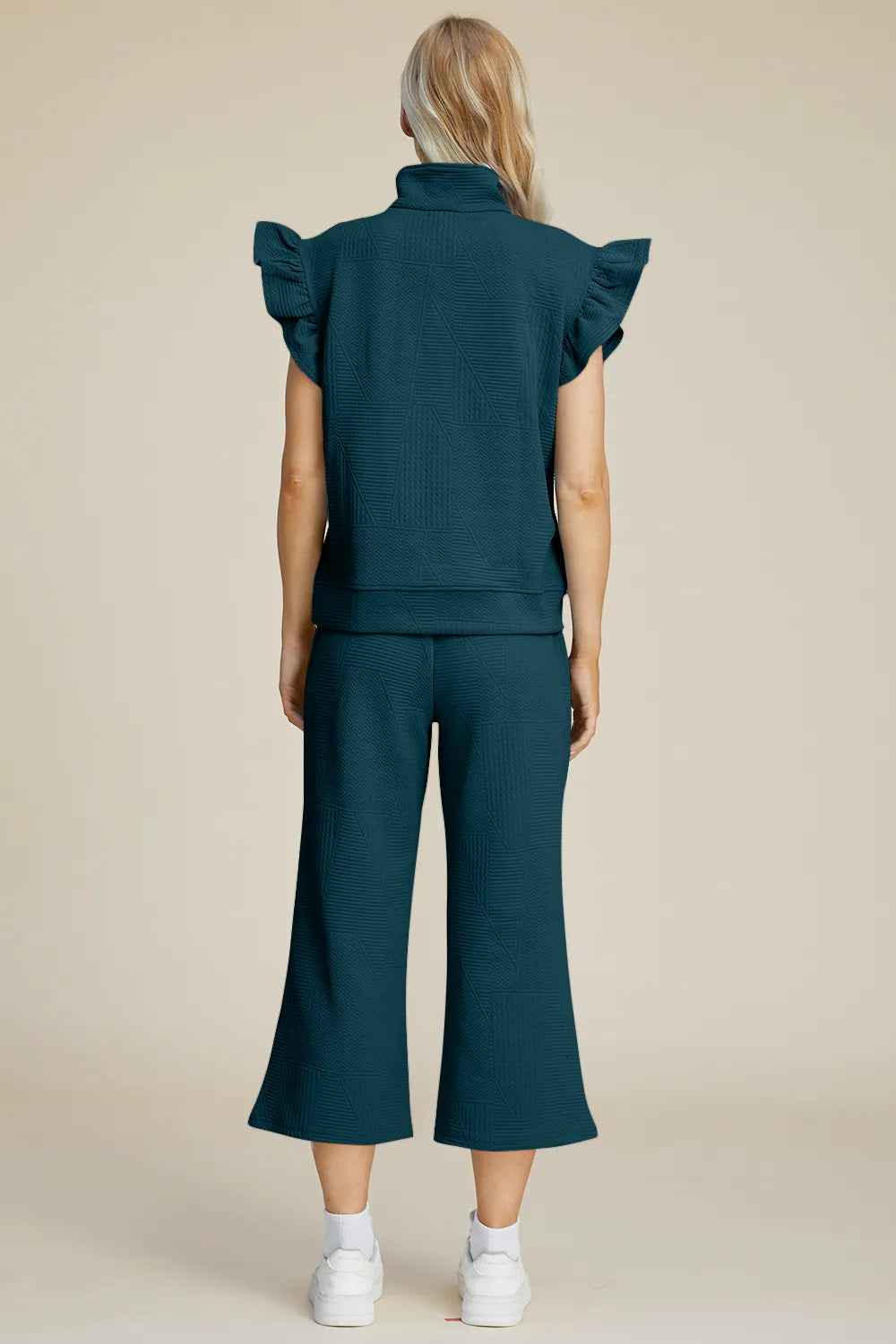 Double Take Full Size Texture Ruffle Short Sleeve Top and Wide Leg Pants Set, view 8