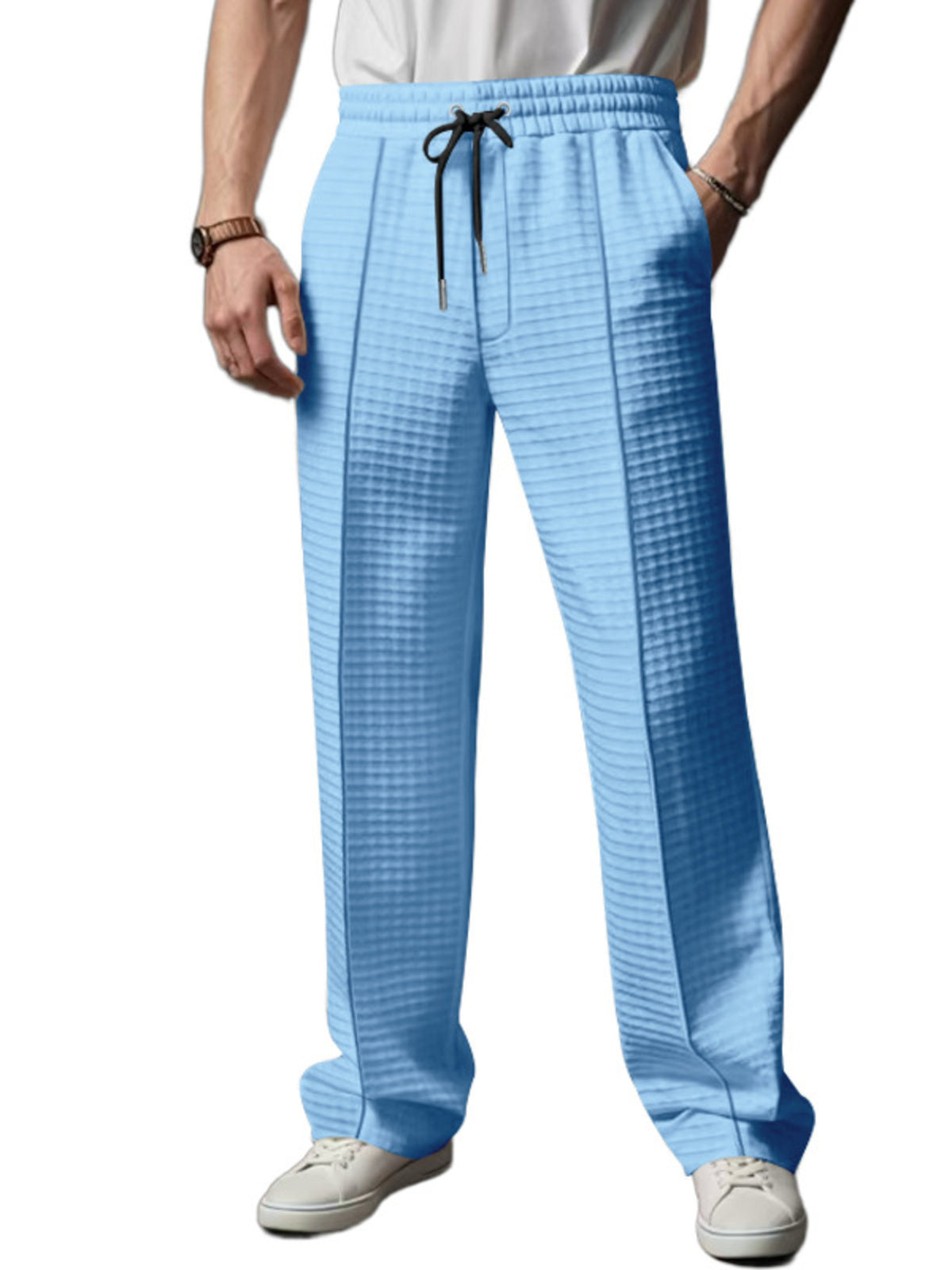Men's Full Size Textured Drawstring Casual Pants Plus Size in Light Blue