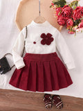 Children's Floral Applique Mock Neck Top and Pleated Skirt Set - Lilixa.store