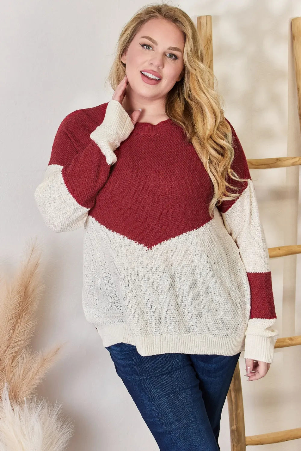 Hailey & Co Full Size Color Block Dropped Shoulder Knit Top - Lilixa.store