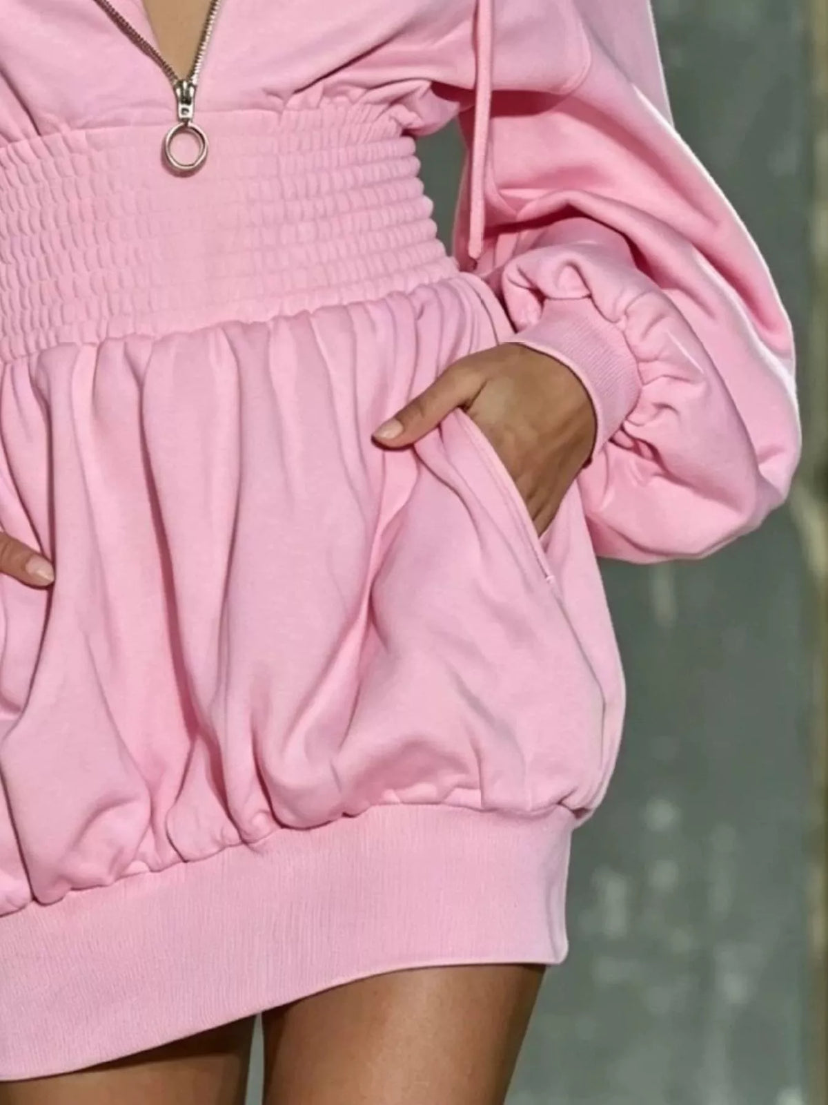 Hooded Long Sleeve Mini Dress with Smocked Waist - Lilixa.store