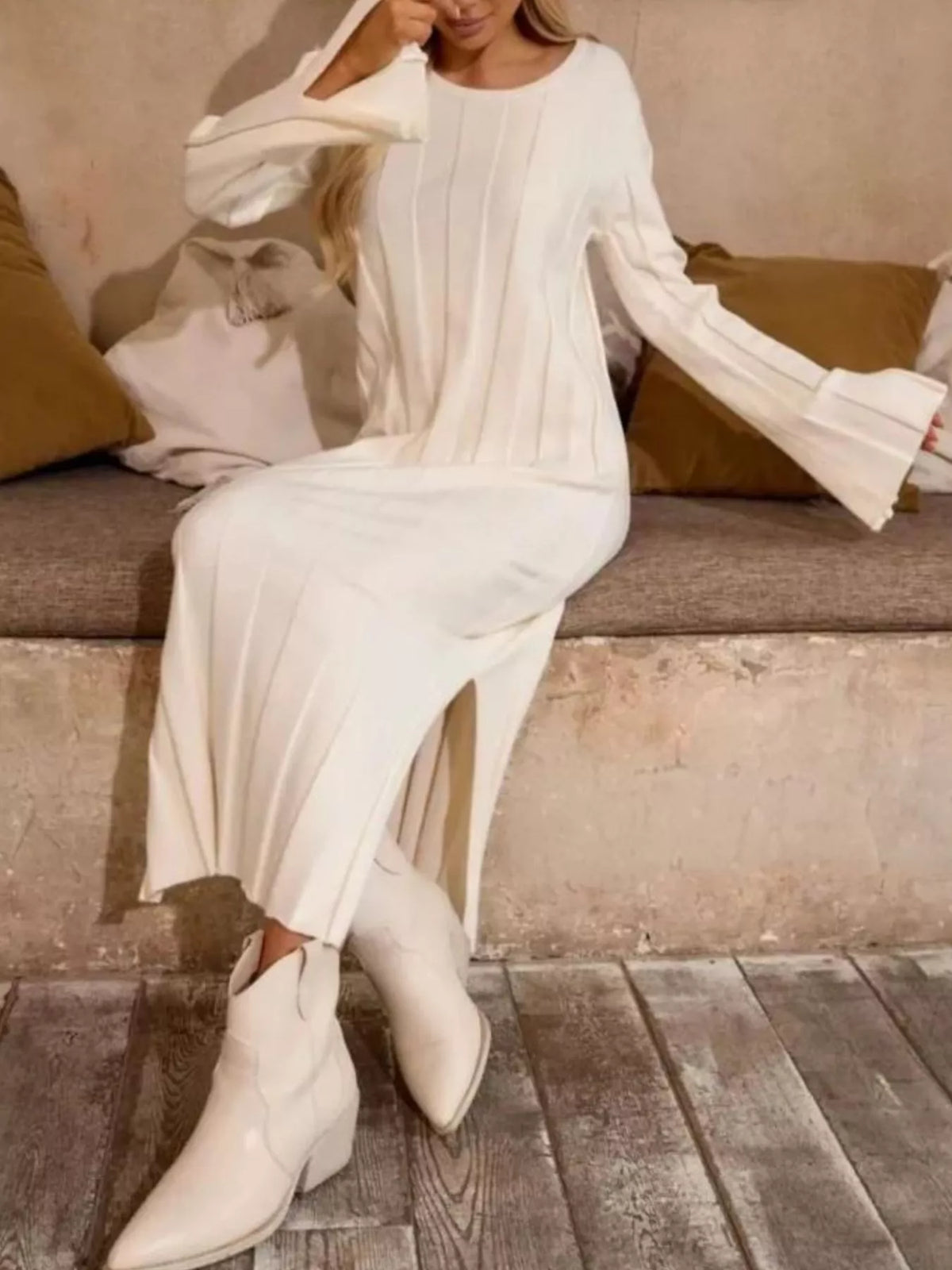 Ribbed Knit Slit Sweater Dress in White