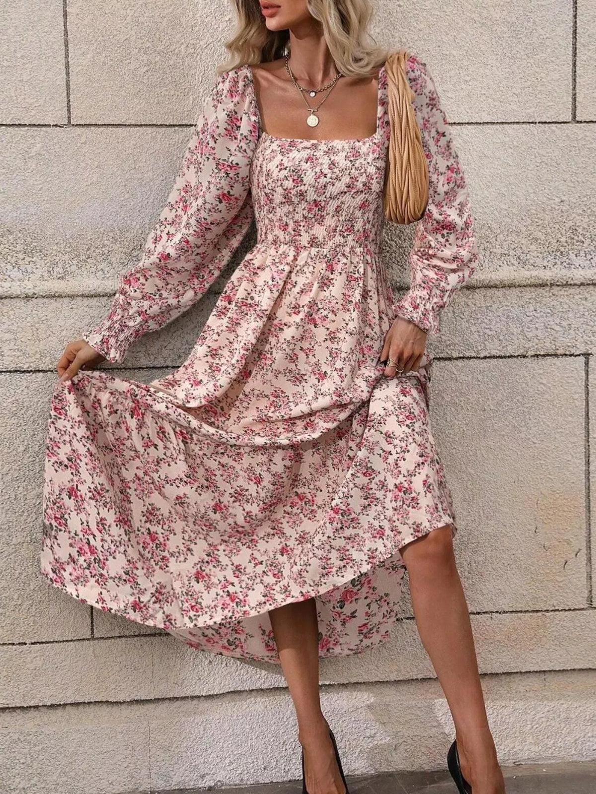Floral Print Square Neck Smocked Midi Dress - Lilixa.store