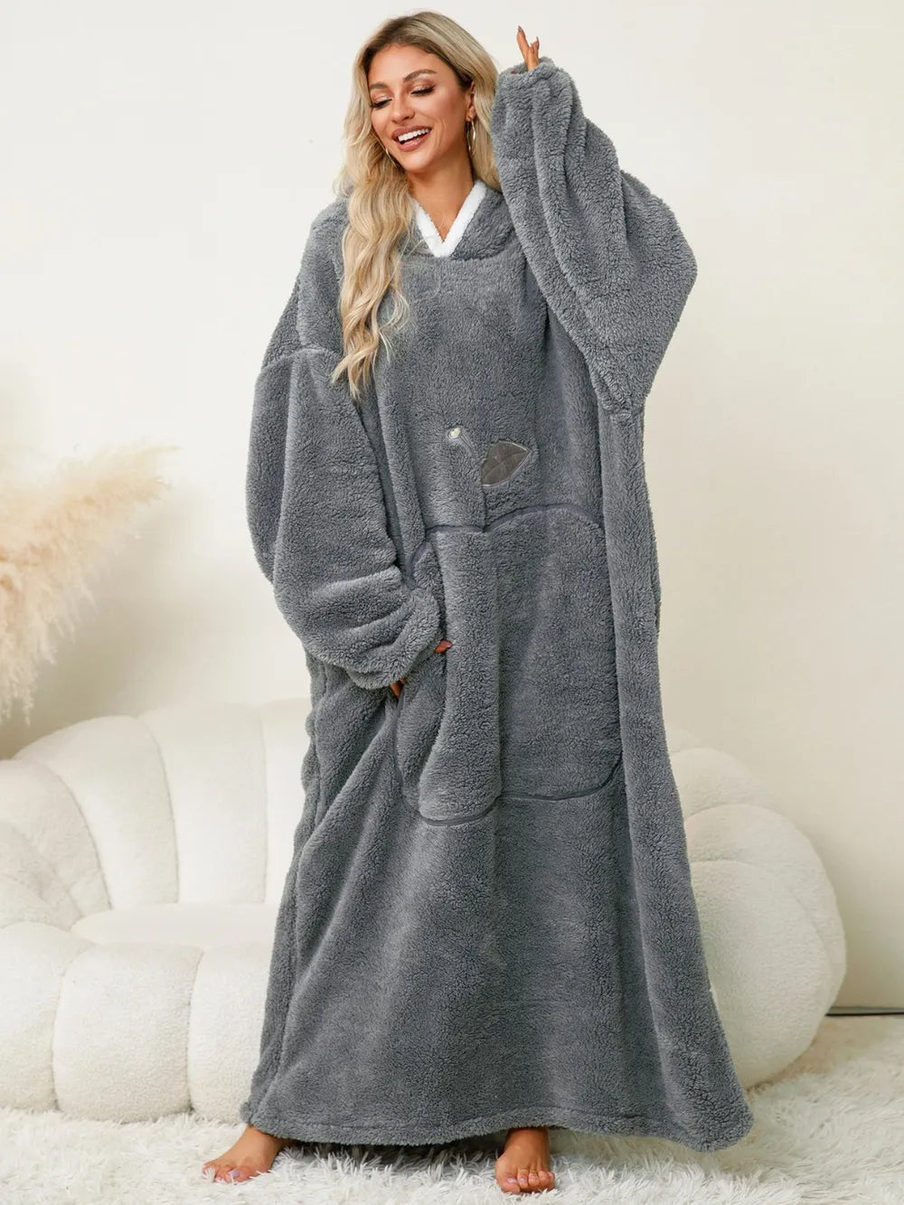 Pocketed Contrast Long Sleeve Hooded Lounge Dress - Lilixa.store