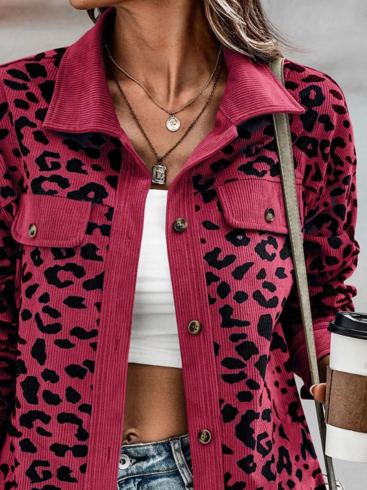 Full Size Leopard Print Button-Down Jacket Plus Size, view 13