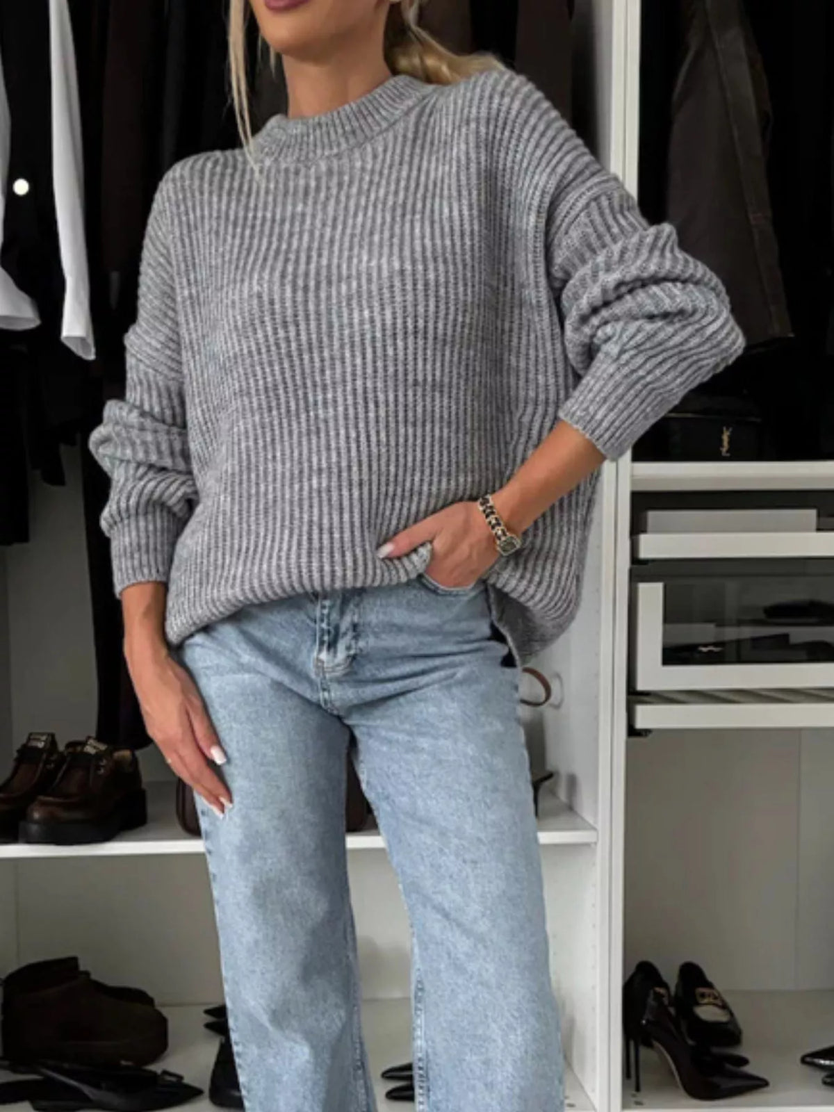 Ribbed Knit Crew Neck Sweater - Lilixa.store