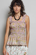 POL Smocked Printed Square Neck Peplum Tank with Ruffle Trim - Lilixa.store