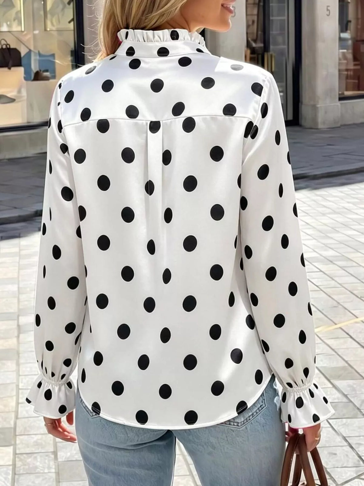 Elegant Button Down Ruffle Trim Satin Shirt, view 2