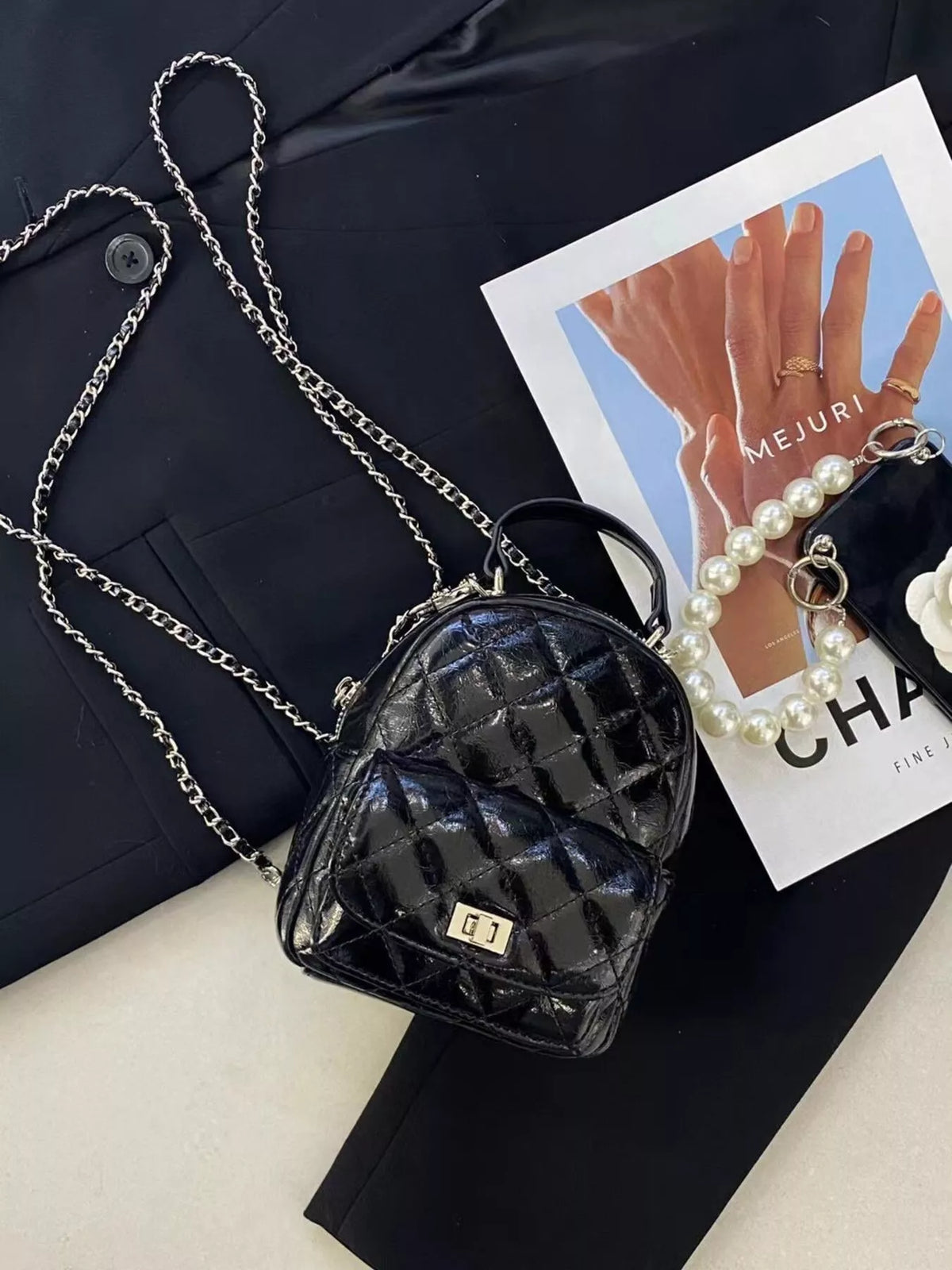 Quilted Metallic and Patent Mini Backpack Bag with Chain Strap, view 3