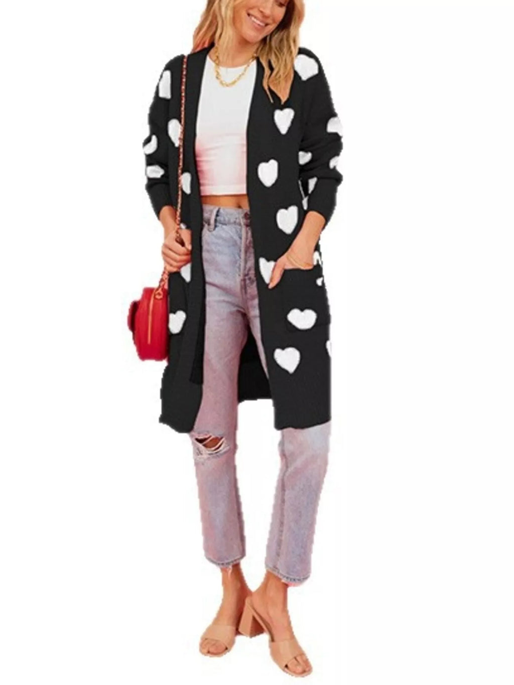 Heart Pattern Open Front Longline Cardigan - Lilixa.store