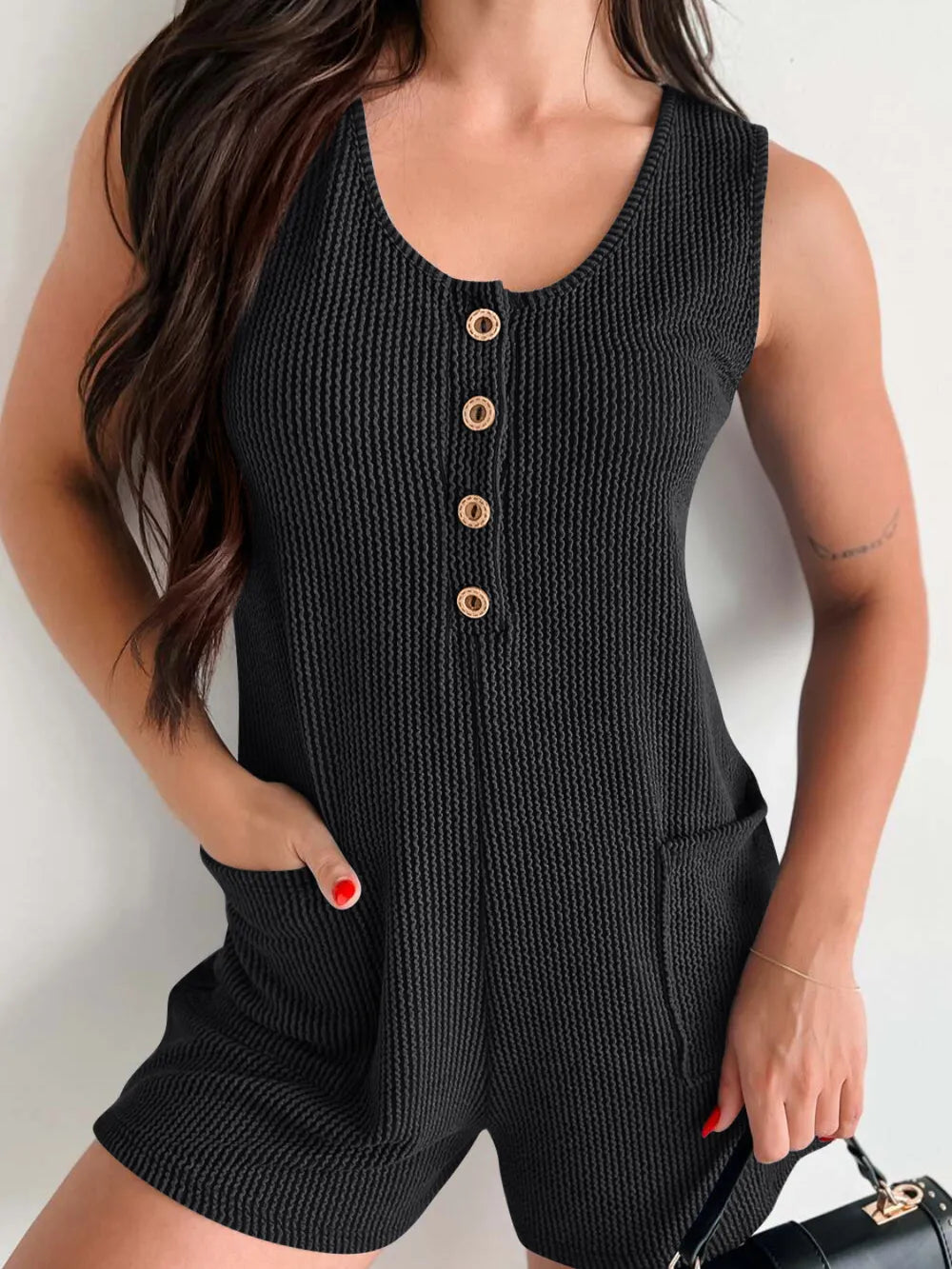 Button Detail Wide Strap Romper - Lilixa.store