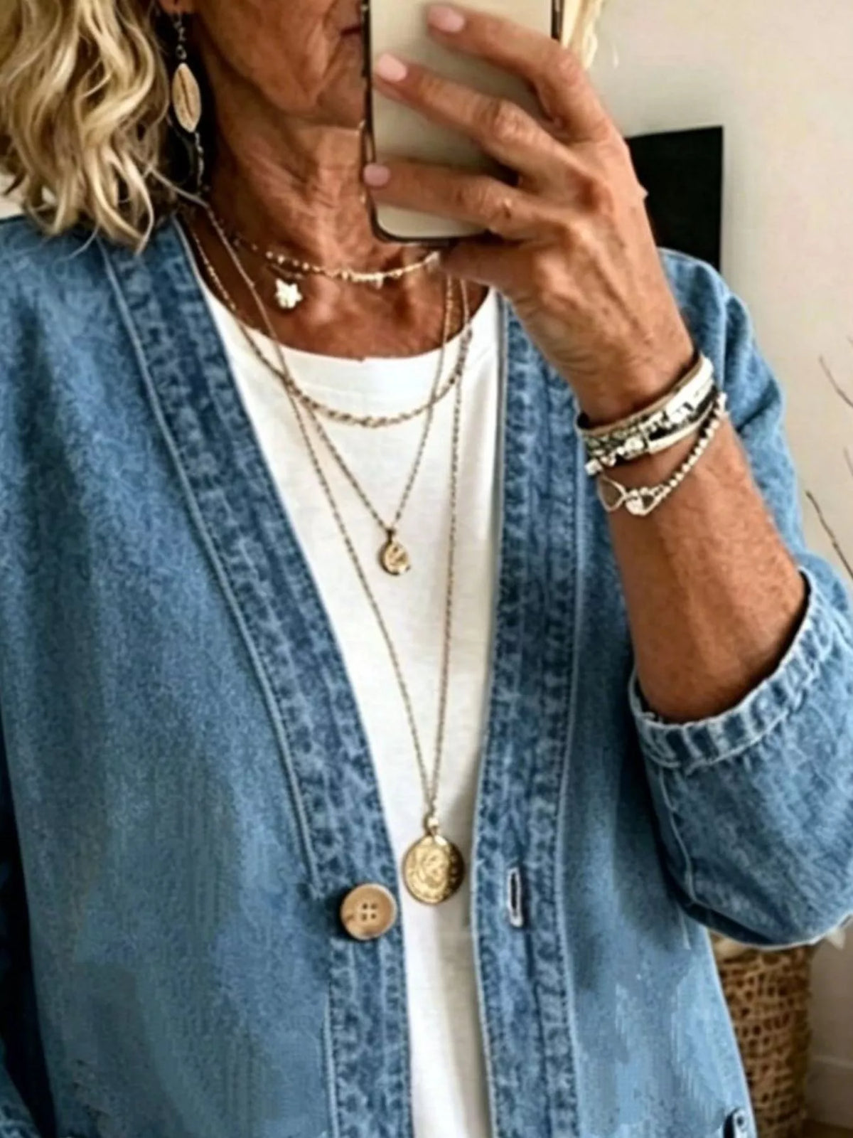 V-Neck Button-Down Denim Jacket, view 8