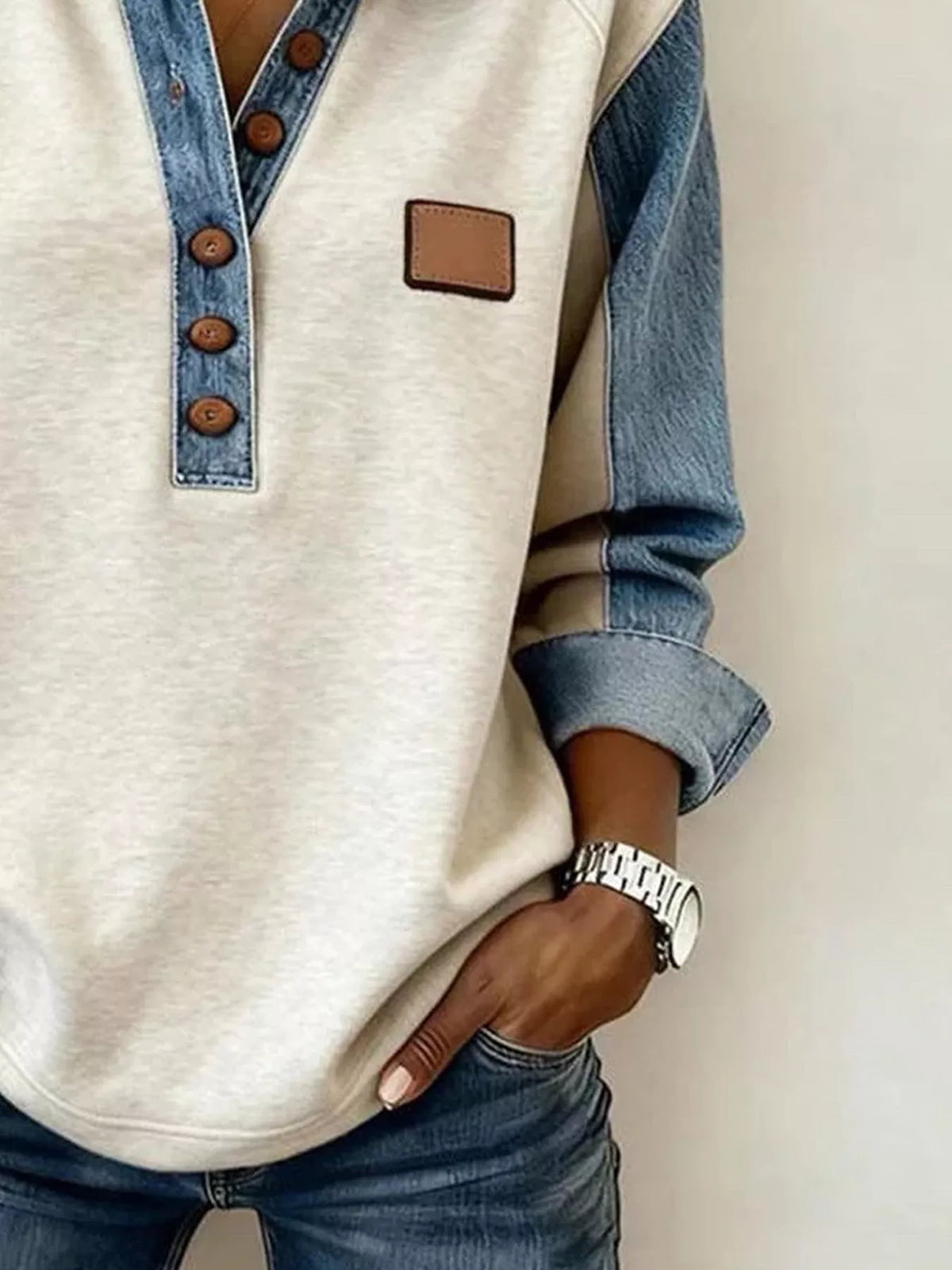Denim Trim Button Detail Sweatshirt - Lilixa.store