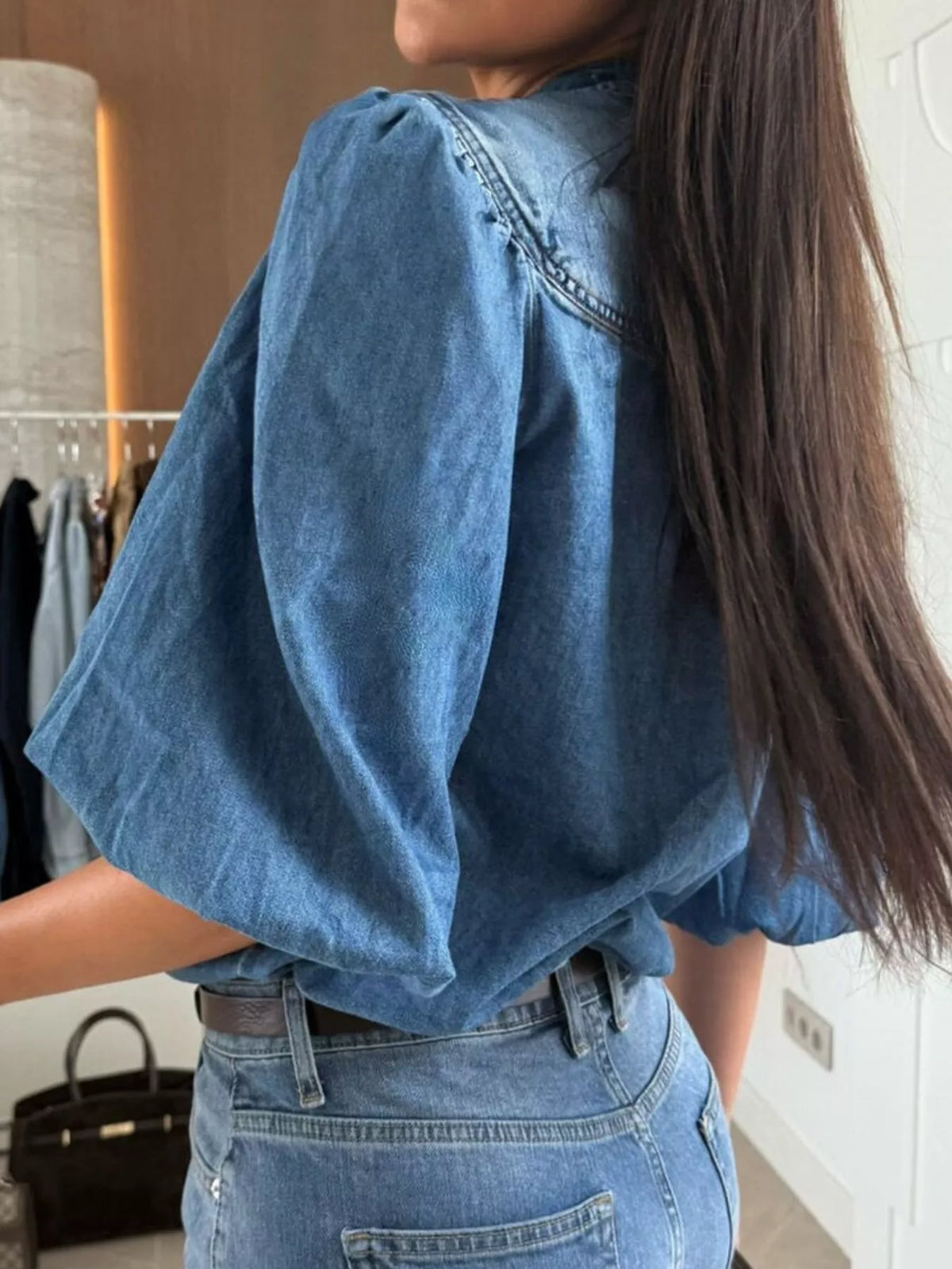 Puff Sleeve Button Front Denim Top - Lilixa.store