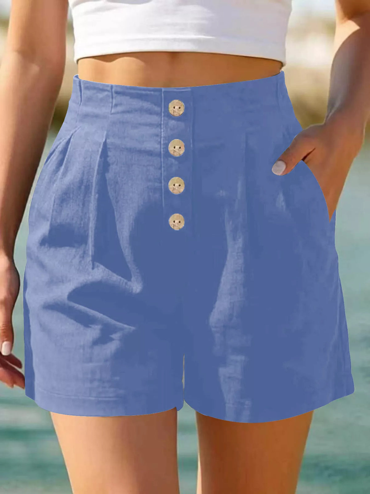 Button Fly High Waist Shorts in Blue
