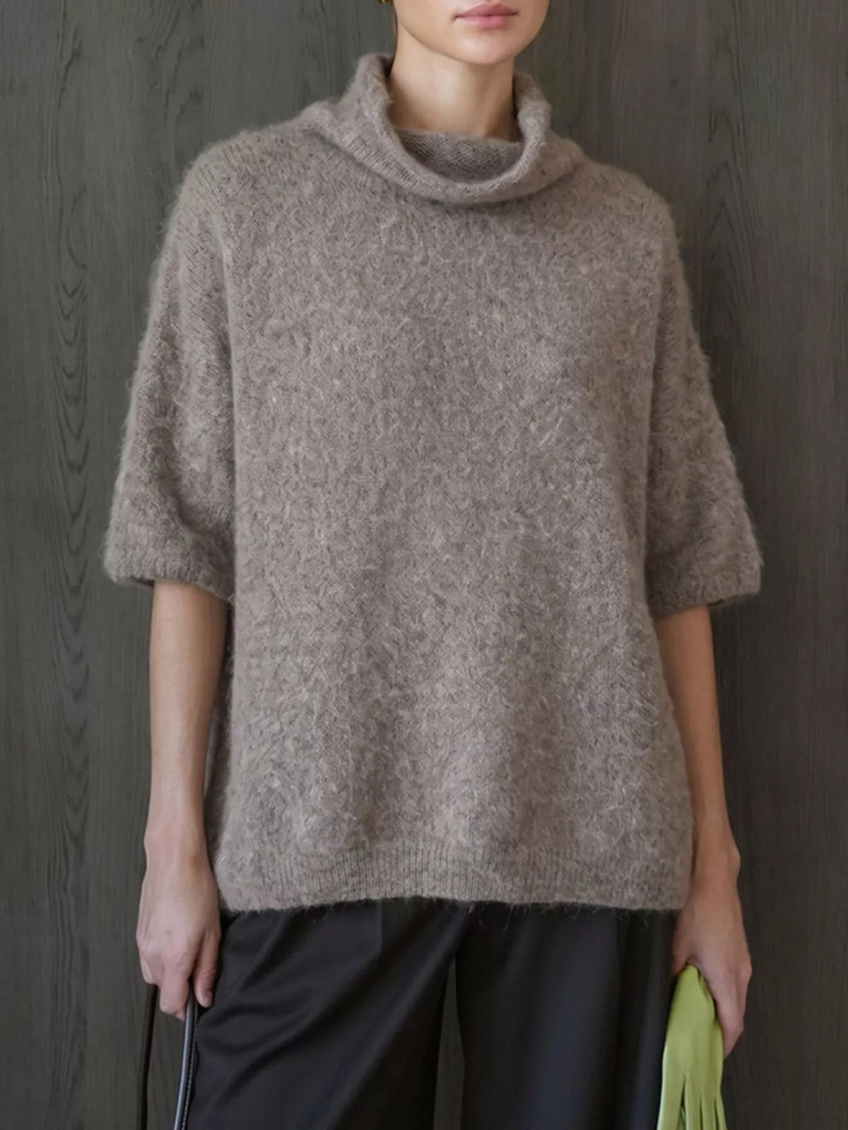 Turtleneck Fuzzy Short Sleeve Sweater in Mocha